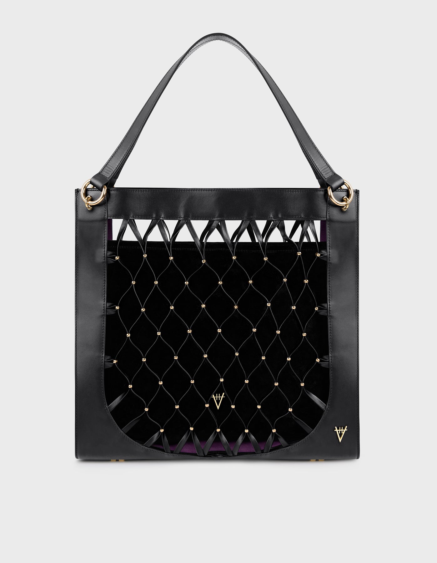 HiVa Atelier | Leather Mesh Tote Bag with Golden Beaded Detail BLACK | Beautiful and Versatile Leather Accessories