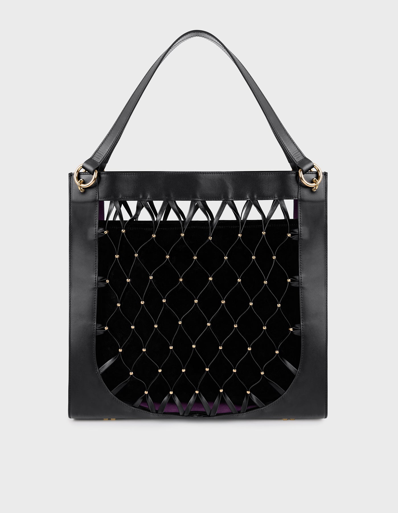 HiVa Atelier | Leather Mesh Tote Bag with Golden Beaded Detail BLACK | Her Tarza Uygun Deri Aksesuarlar