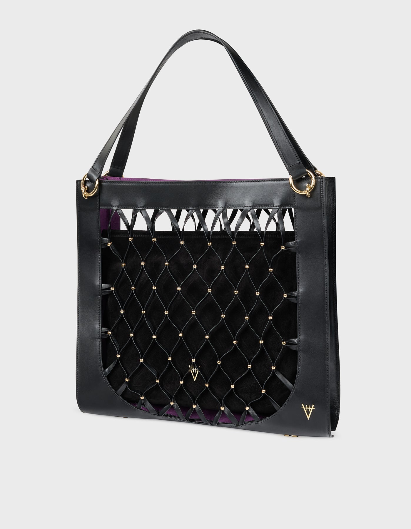 HiVa Atelier | Leather Mesh Tote Bag with Golden Beaded Detail BLACK | Beautiful and Versatile Leather Accessories