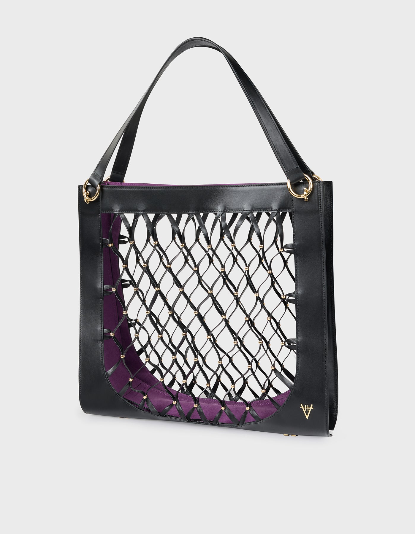 HiVa Atelier | Leather Mesh Tote Bag with Golden Beaded Detail BLACK | Beautiful and Versatile Leather Accessories