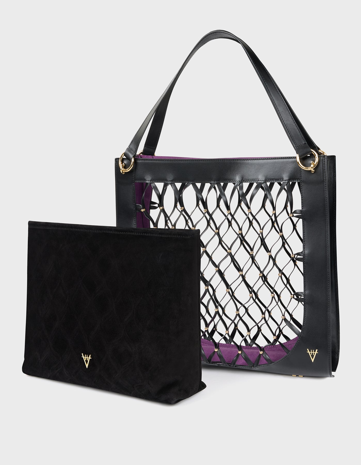 HiVa Atelier | Leather Mesh Tote Bag with Golden Beaded Detail BLACK | Beautiful and Versatile Leather Accessories