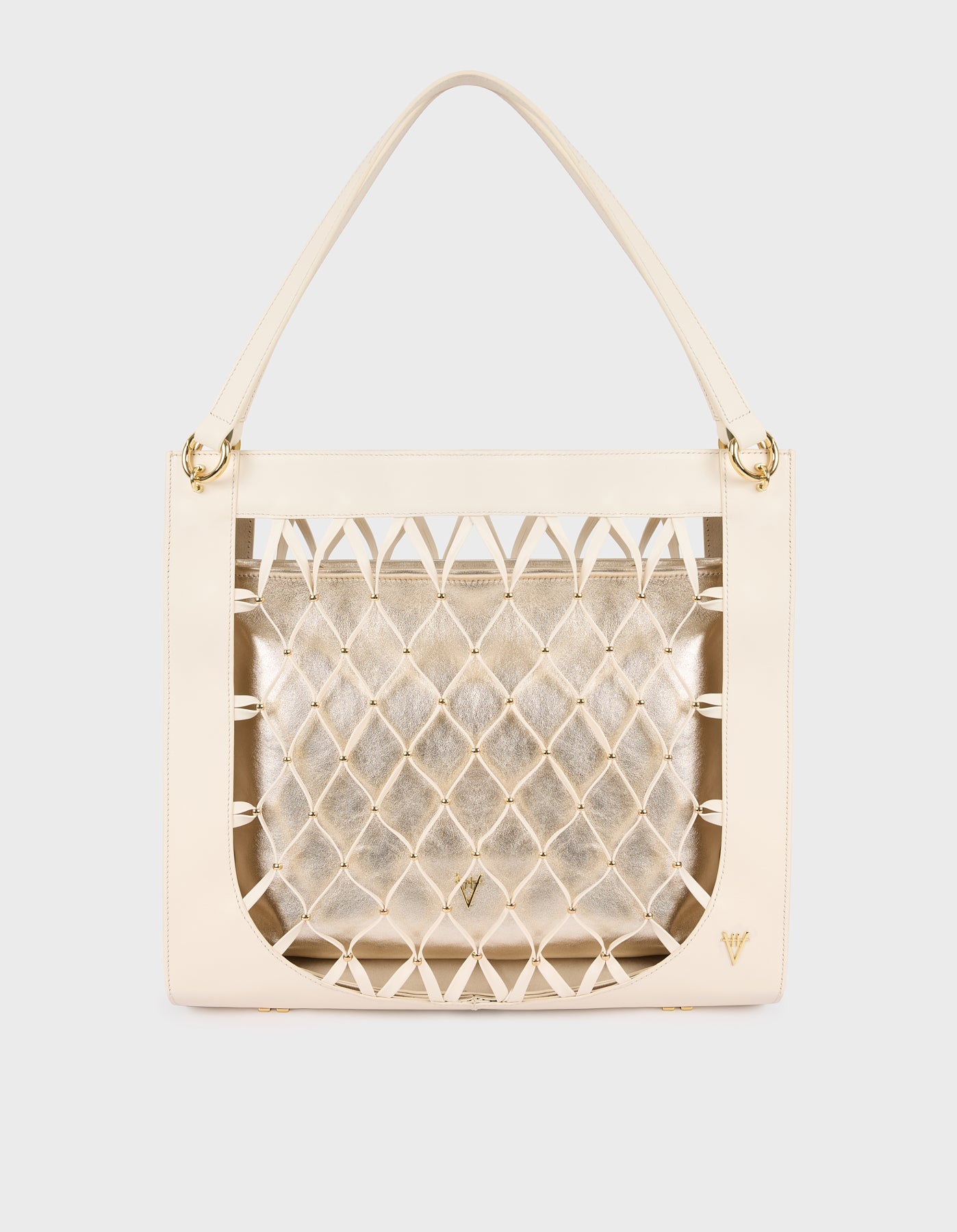 Leather Mesh Tote Bag with Golden Beaded Detail