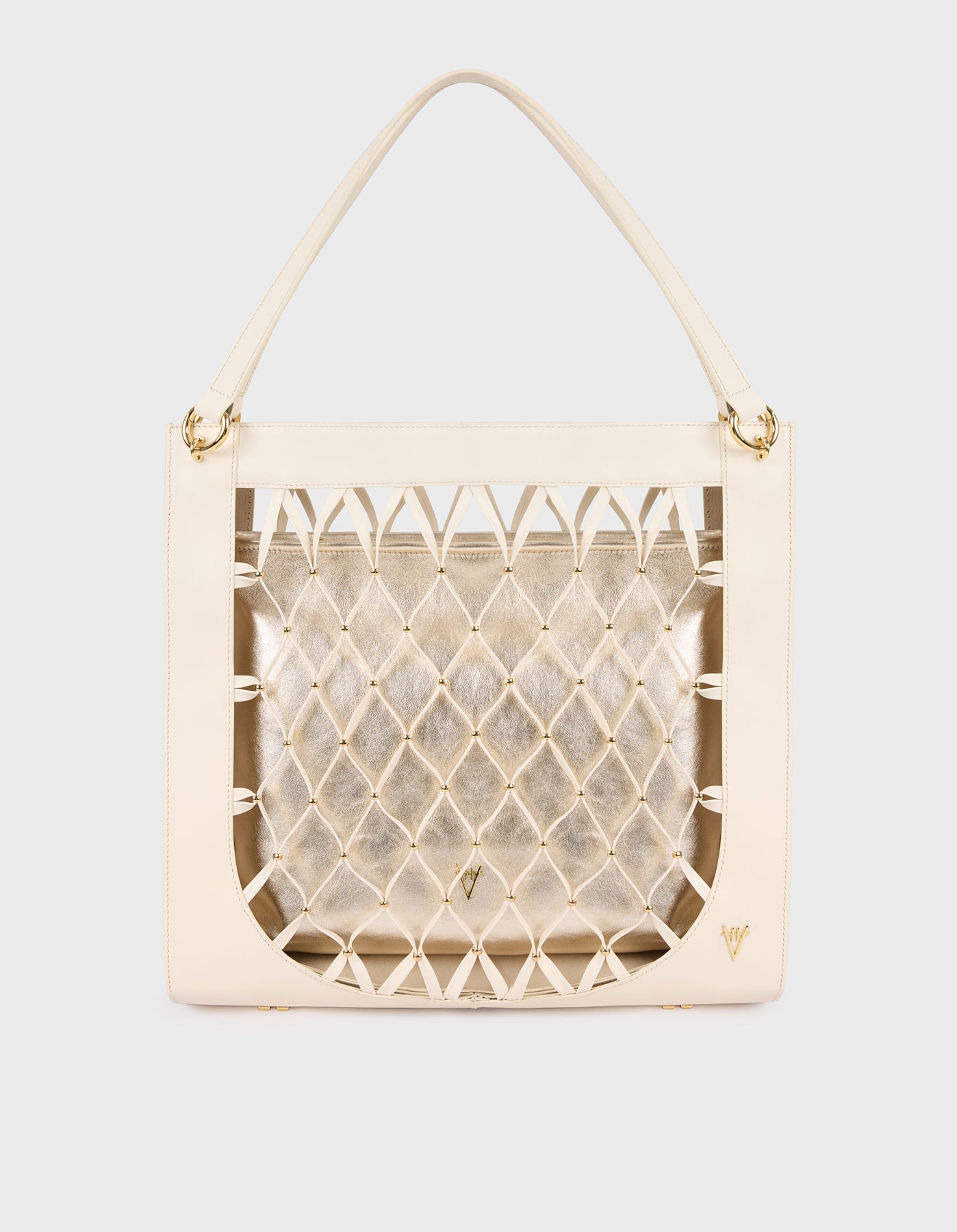 HiVa Atelier | Leather Mesh Tote Bag with Golden Beaded Detail BONE | Beautiful and Versatile Leather Accessories