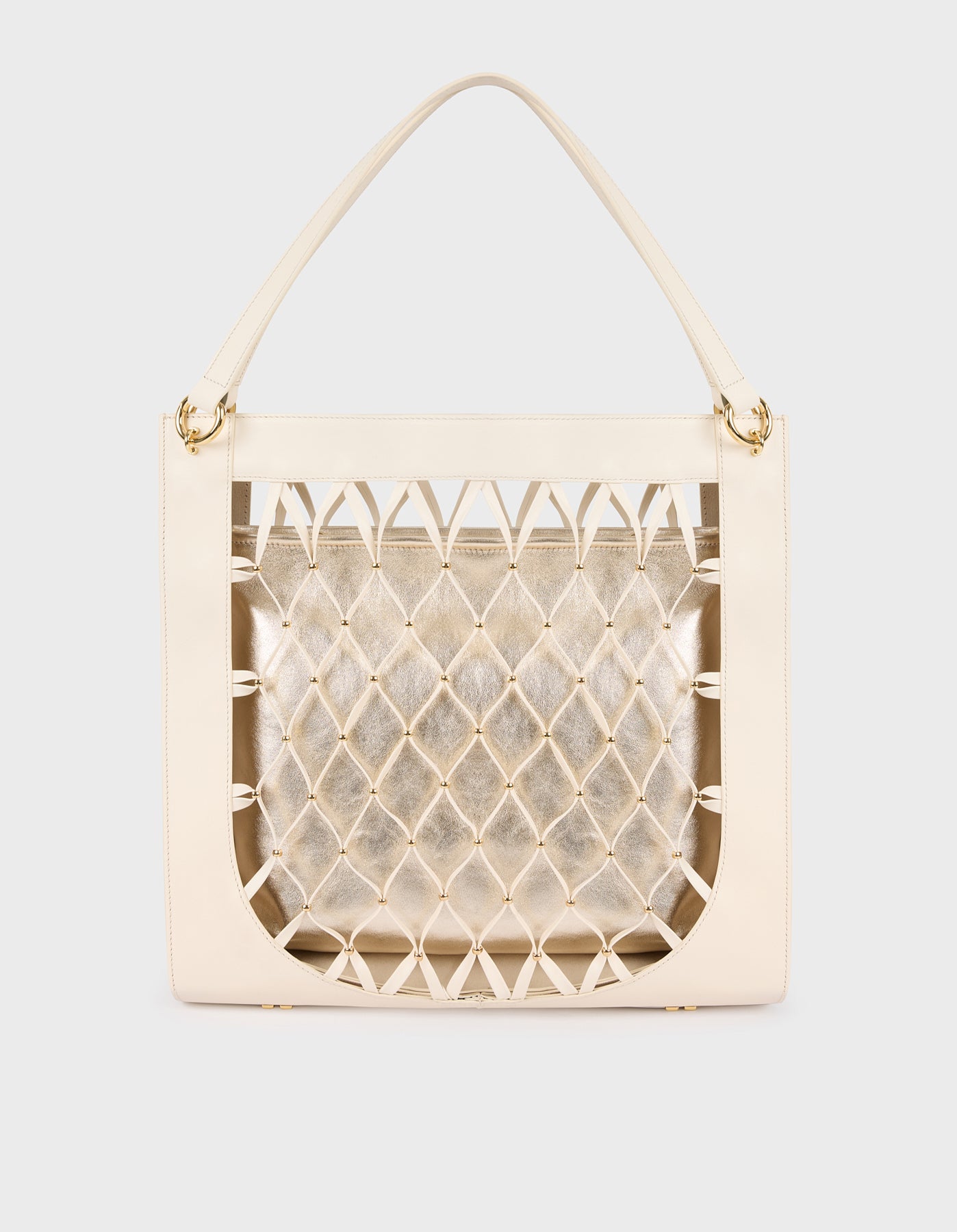 HiVa Atelier | Leather Mesh Tote Bag with Golden Beaded Detail BONE | Beautiful and Versatile Leather Accessories