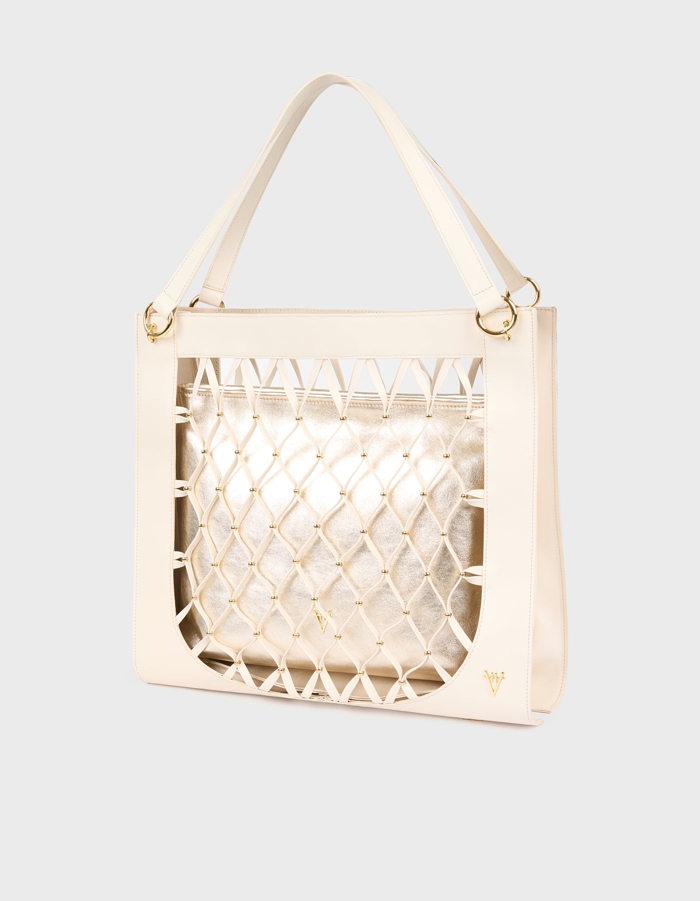 HiVa Atelier | Leather Mesh Tote Bag with Golden Beaded Detail BONE | Her Tarza Uygun Deri Aksesuarlar