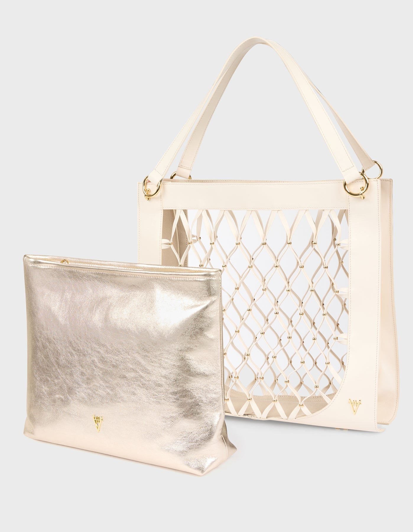 HiVa Atelier | Leather Mesh Tote Bag with Golden Beaded Detail BONE | Her Tarza Uygun Deri Aksesuarlar
