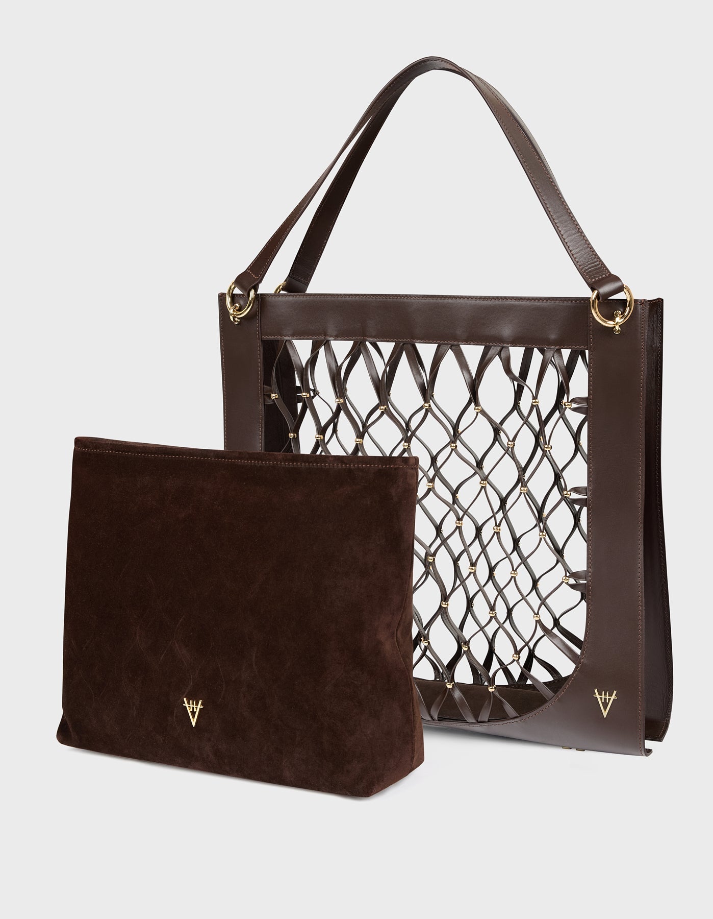 HiVa Atelier | Leather Mesh Tote Bag with Golden Beaded Detail NUTSHELL | Beautiful and Versatile Leather Accessories