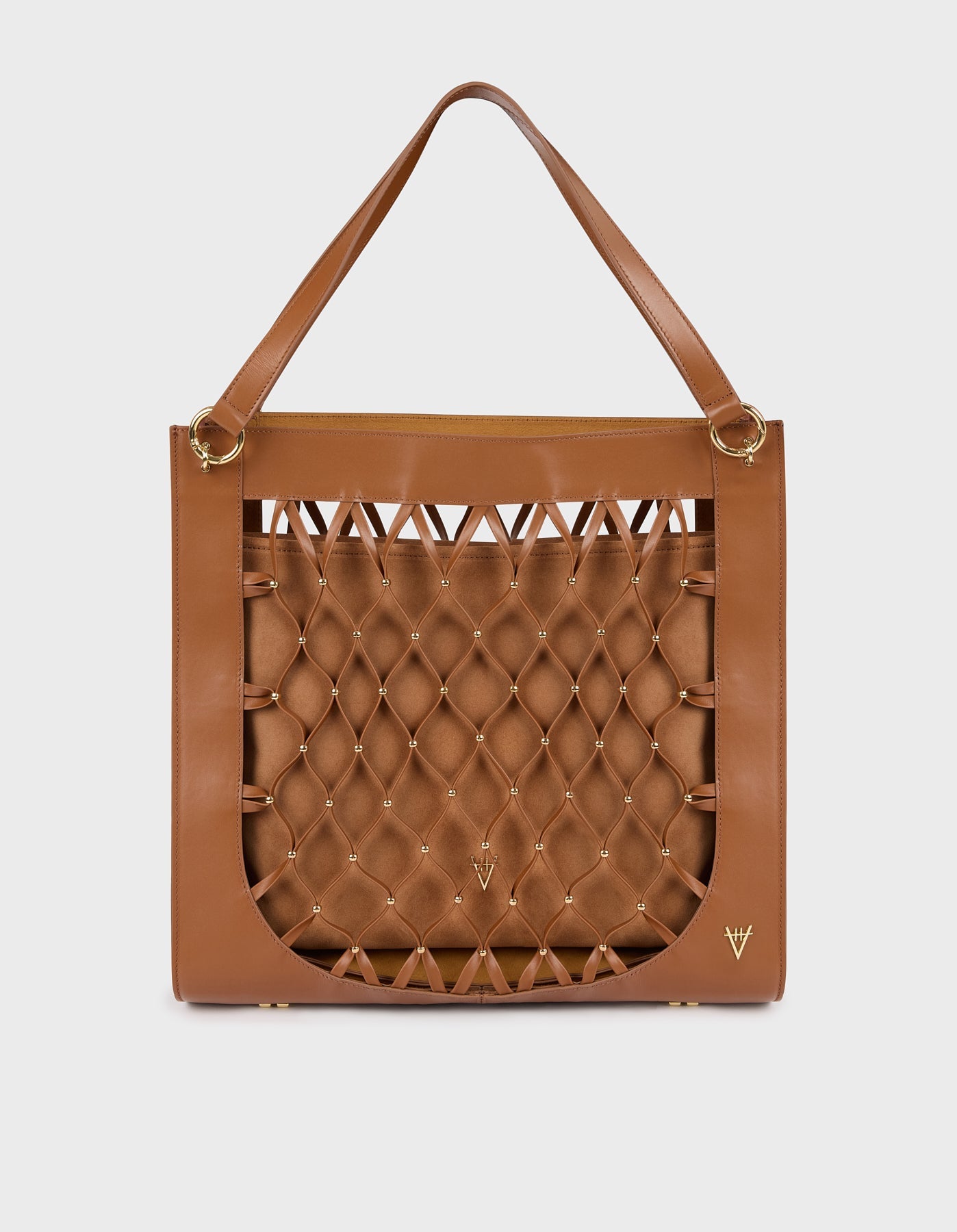 HiVa Atelier | Leather Mesh Tote Bag with Golden Beaded Detail WOOD | Beautiful and Versatile Leather Accessories