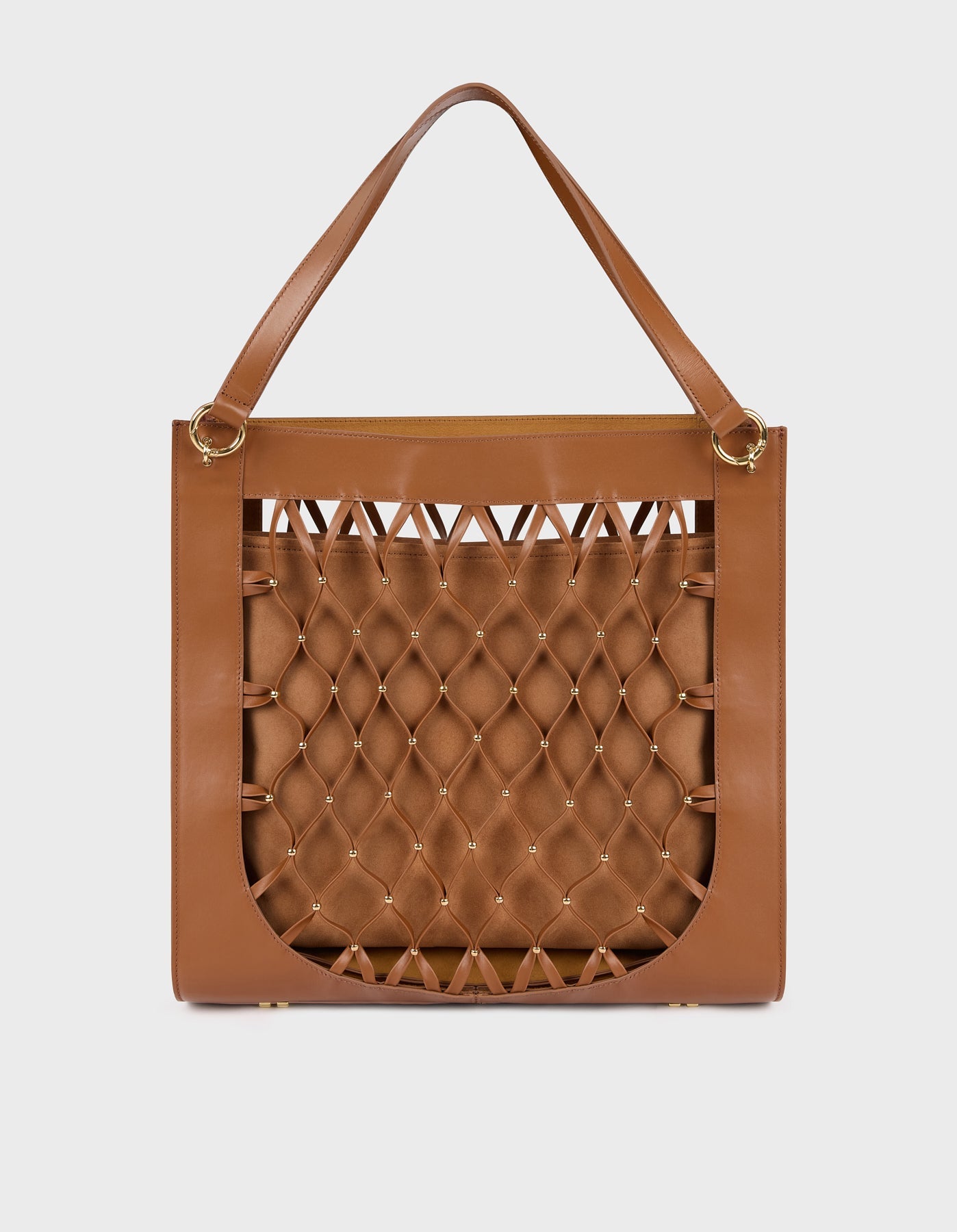 HiVa Atelier | Leather Mesh Tote Bag with Golden Beaded Detail WOOD | Beautiful and Versatile Leather Accessories