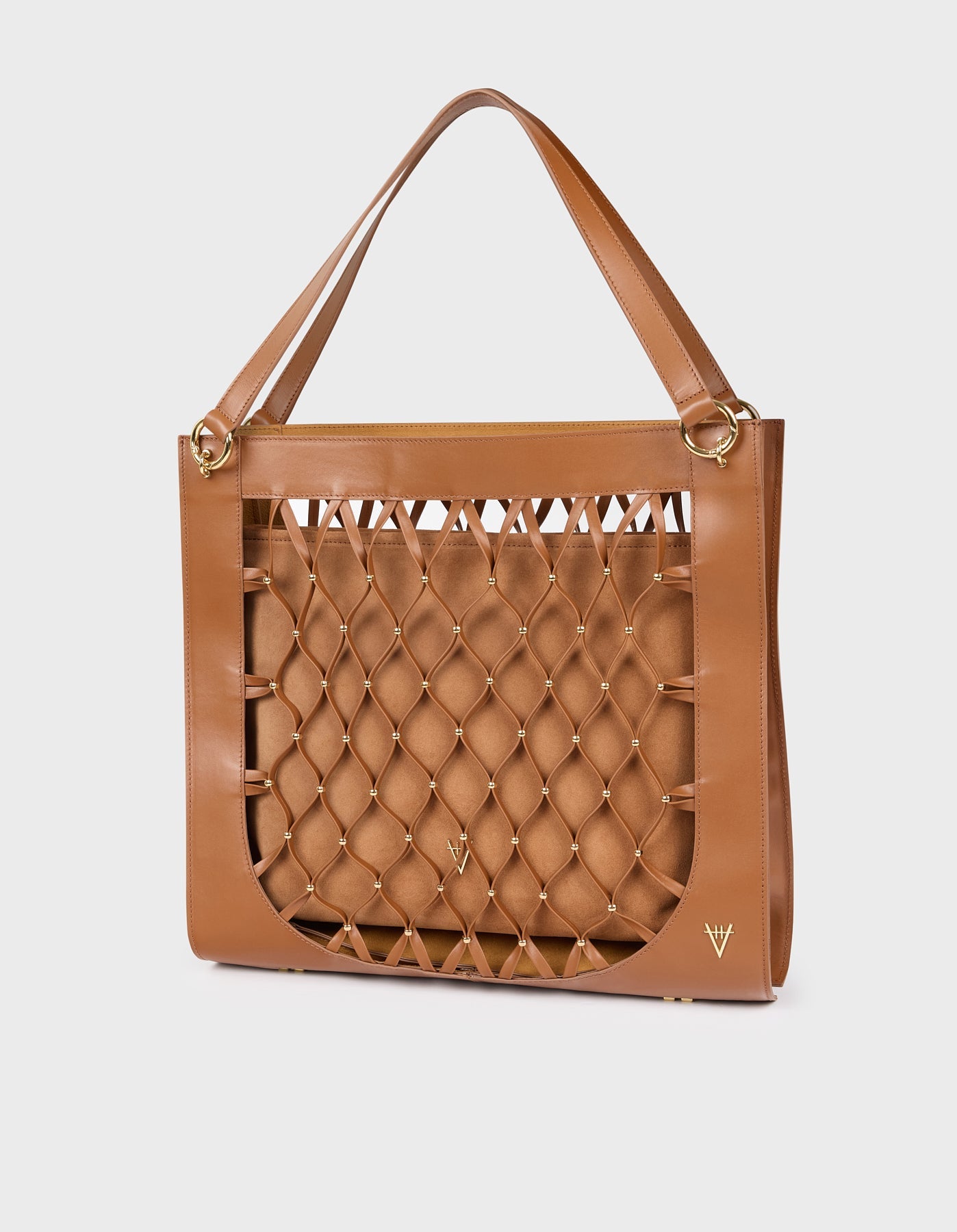 HiVa Atelier | Leather Mesh Tote Bag with Golden Beaded Detail WOOD | Beautiful and Versatile Leather Accessories
