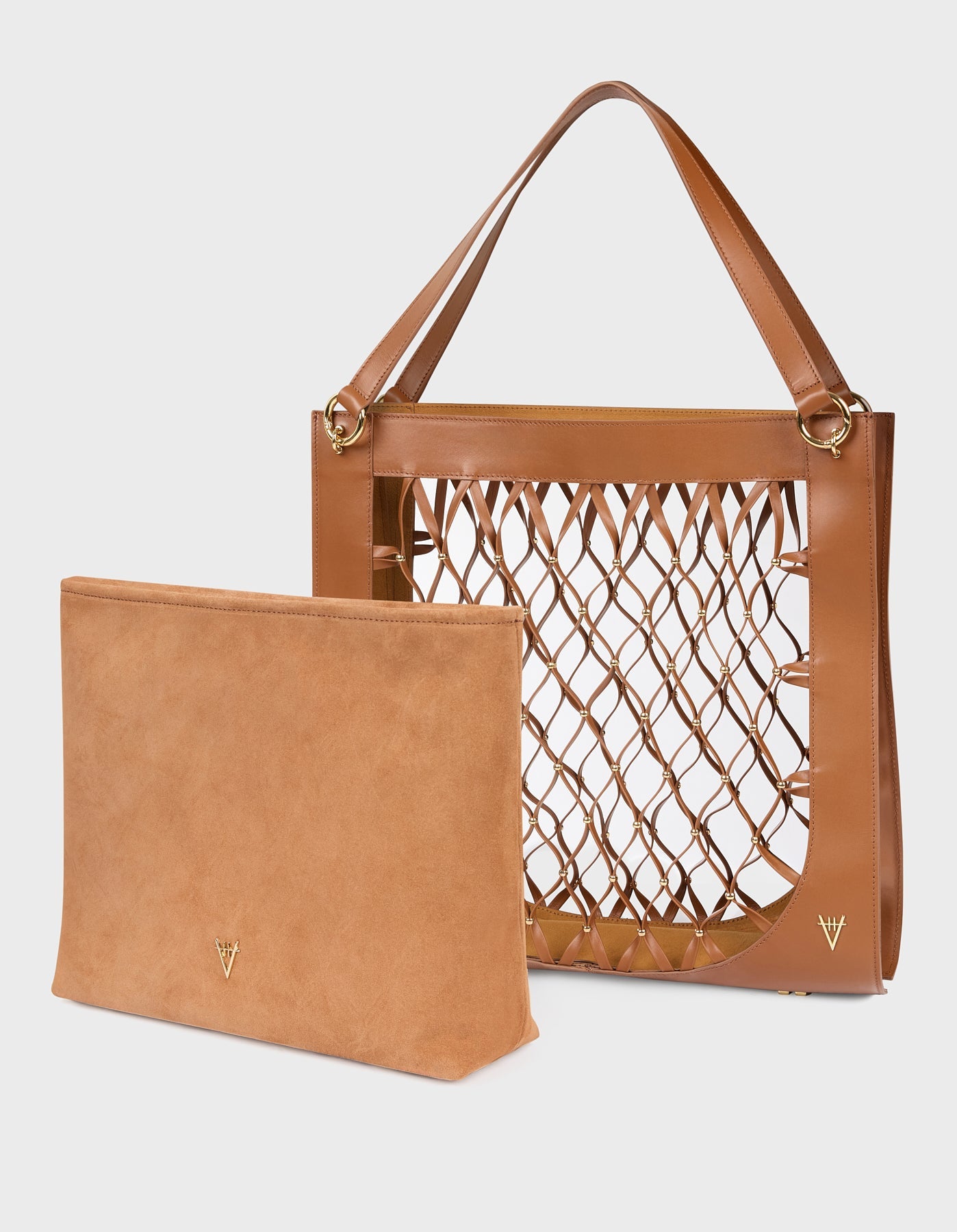 HiVa Atelier | Leather Mesh Tote Bag with Golden Beaded Detail WOOD | Beautiful and Versatile Leather Accessories