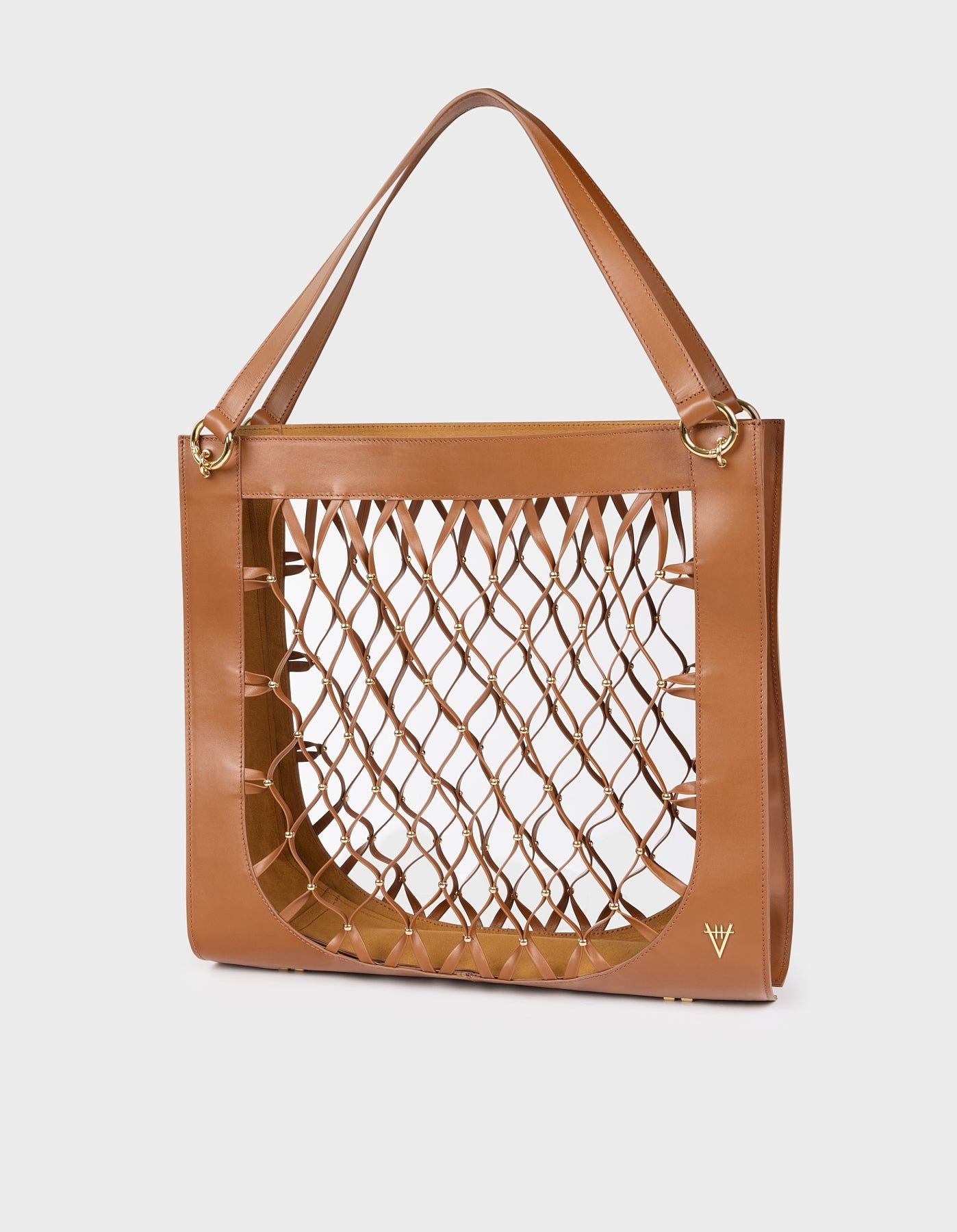 HiVa Atelier | Leather Mesh Tote Bag with Golden Beaded Detail WOOD | Beautiful and Versatile Leather Accessories