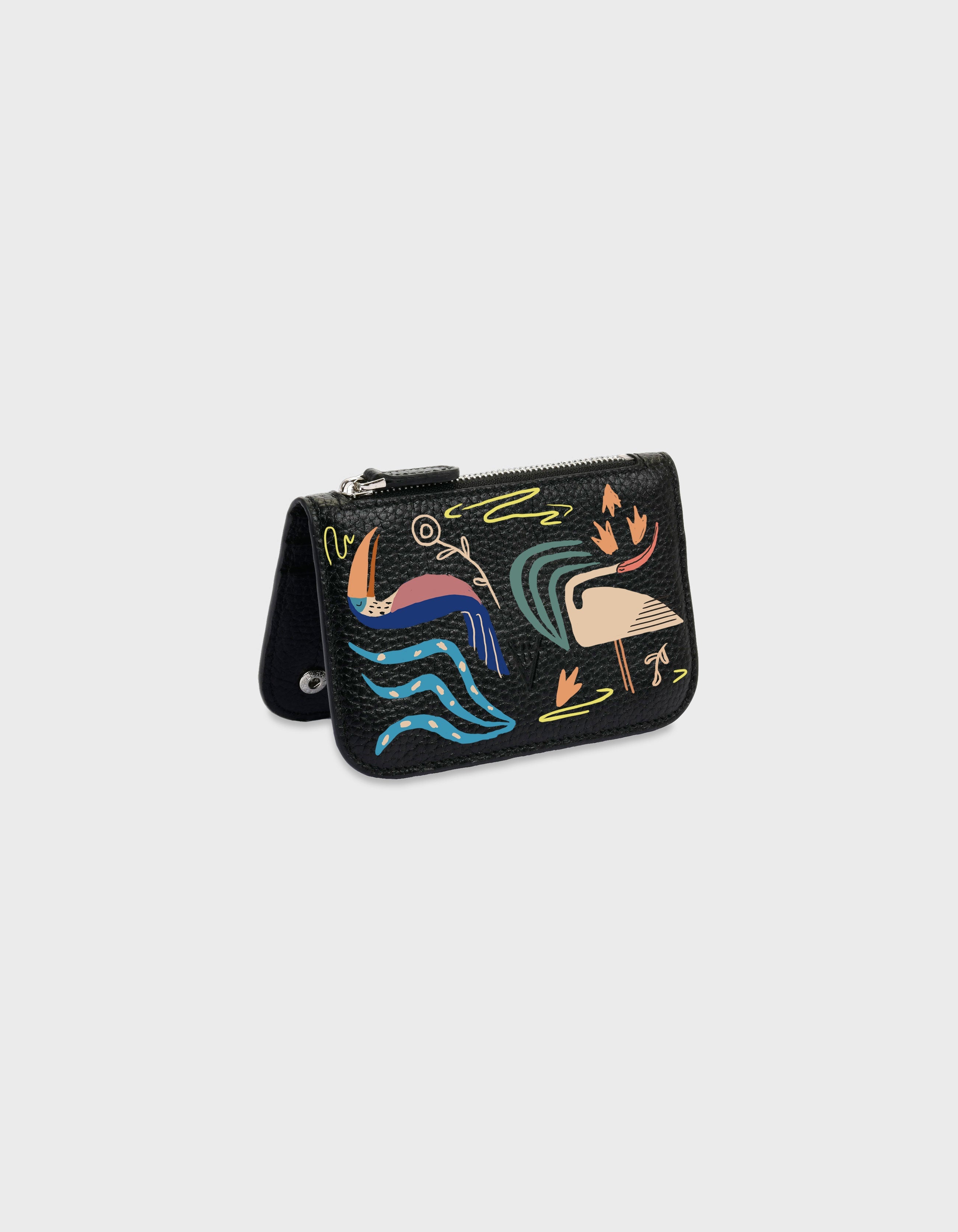 Hiva Atelier | Alae Coin Purse & Card Holder - Hand-Painted Black Holiday Birds | Beautiful and Versatile Leather Accessories