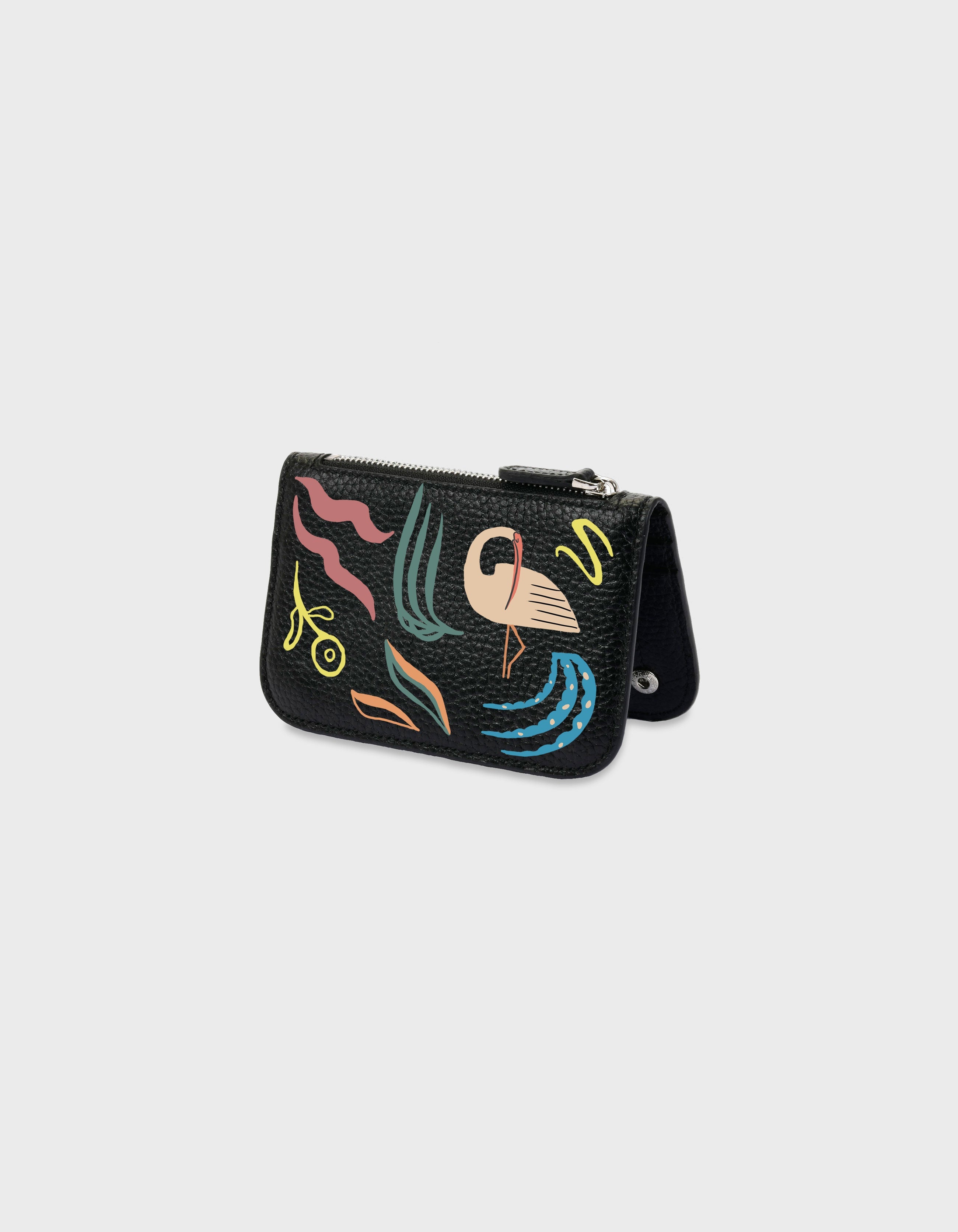 Hiva Atelier | Alae Coin Purse & Card Holder - Hand-Painted Black Holiday Birds | Beautiful and Versatile Leather Accessories