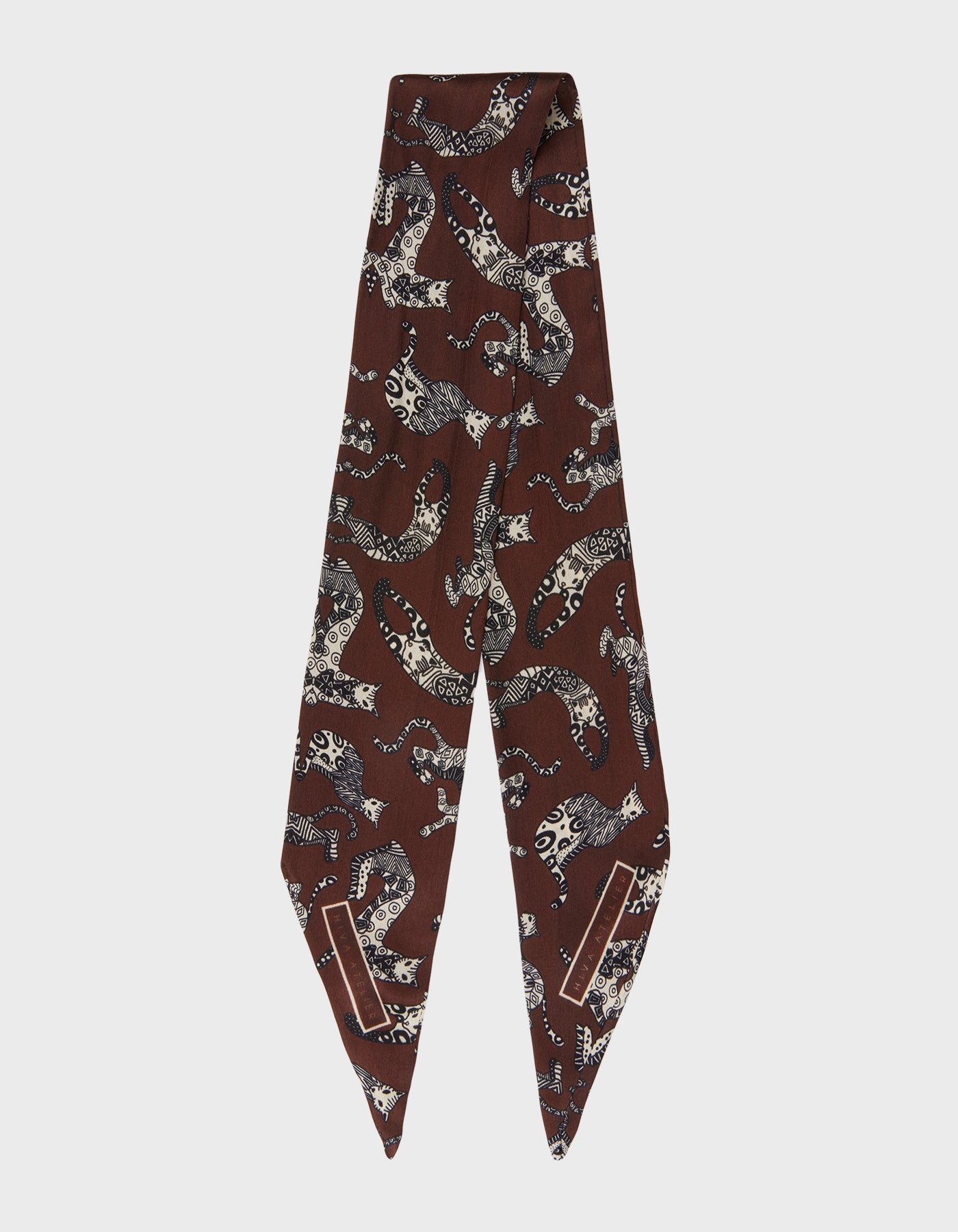 HiVa Atelier | Silk Scarf 5 X 90 CM Geometric Cat - Chocolate & Beige | Beautiful and Versatile Leather Accessories