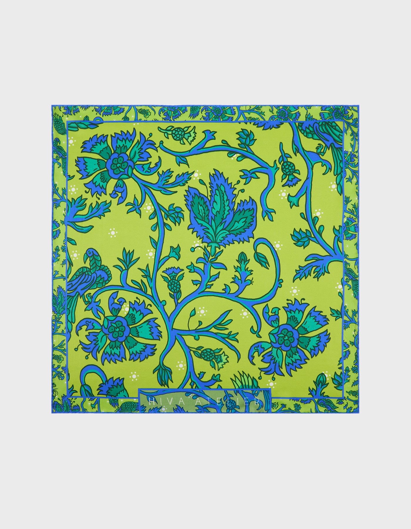 HiVa Atelier | Hiva Silk Scarf 50 X 50 CM Refurnished Vintage Flower - Algae Green & Sodalite Blue | Her Tarza Uygun Deri Aksesuarlar