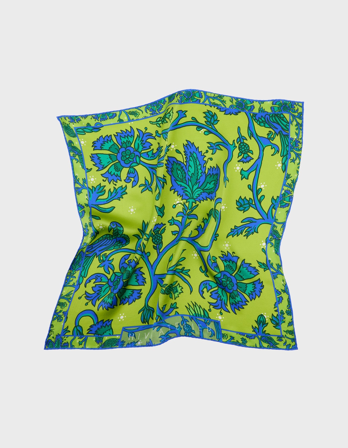 HiVa Atelier | Hiva Silk Scarf 50 X 50 CM Refurnished Vintage Flower - Algae Green & Sodalite Blue | Her Tarza Uygun Deri Aksesuarlar