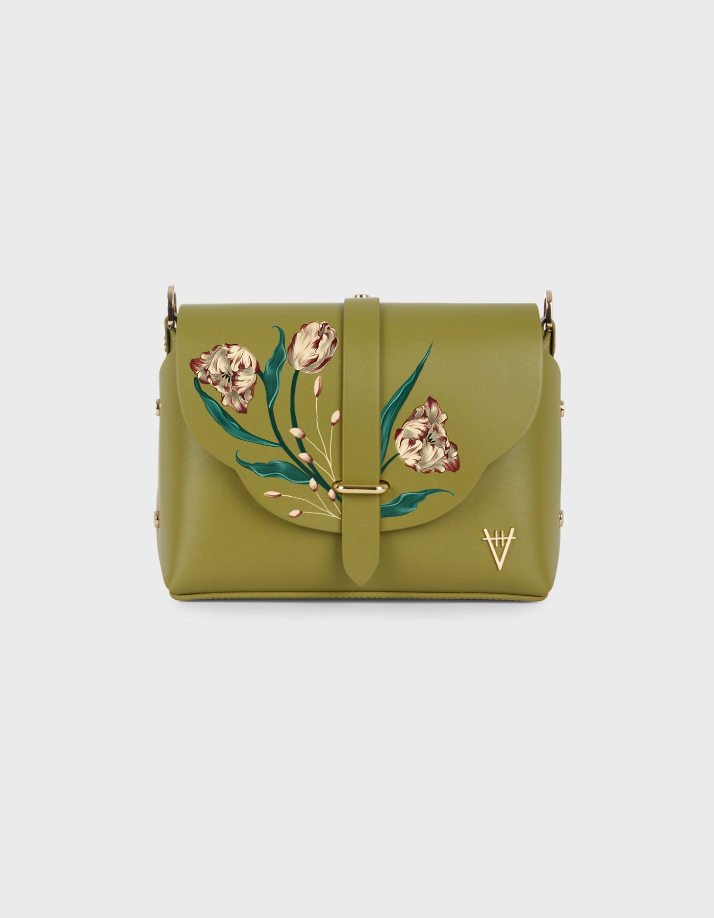 Hiva Atelier | Harmonia Shoulder Bag - Hand-Painted Olive Parrot Tulips | Beautiful and Versatile Leather Accessories