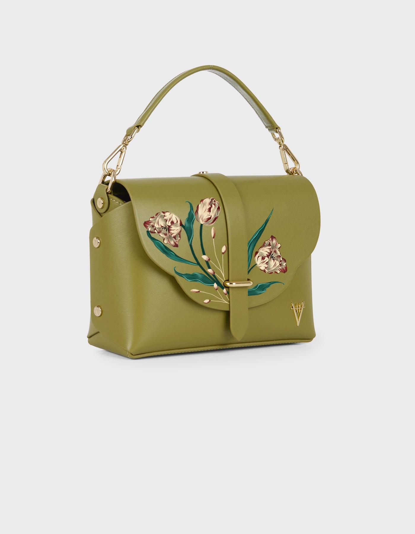 Hiva Atelier | Harmonia Shoulder Bag - Hand-Painted Olive Parrot Tulips | Beautiful and Versatile Leather Accessories