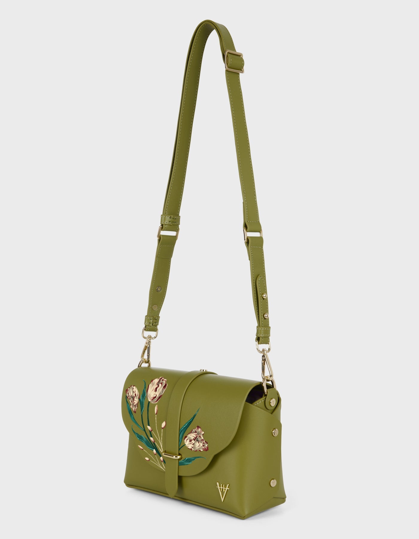 Hiva Atelier | Harmonia Shoulder Bag - Hand-Painted Olive Parrot Tulips | Beautiful and Versatile Leather Accessories