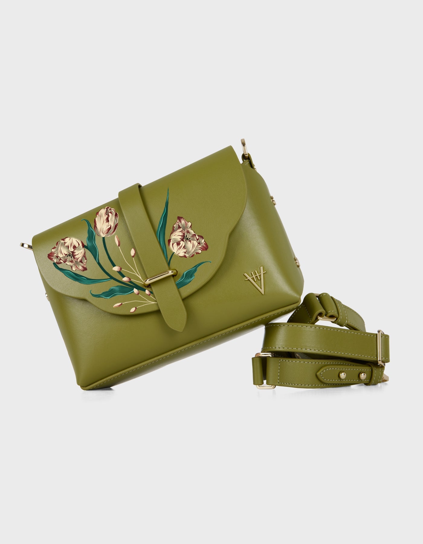 Hiva Atelier | Harmonia Shoulder Bag - Hand-Painted Olive Parrot Tulips | Beautiful and Versatile Leather Accessories