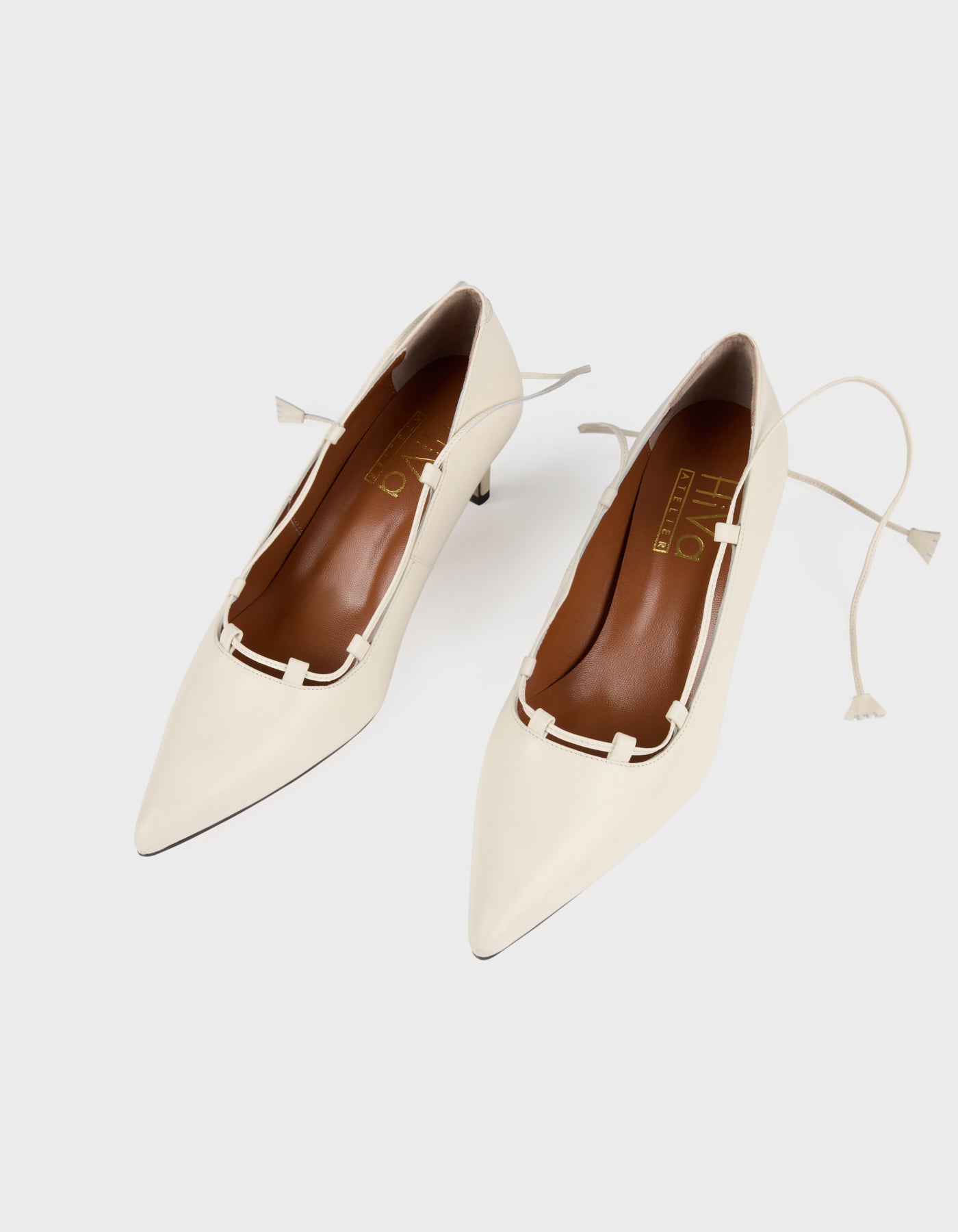 Hiva Atelier | Lace Up Pointed Toe Heels Bone | Beautiful and Versatile Leather Accessories