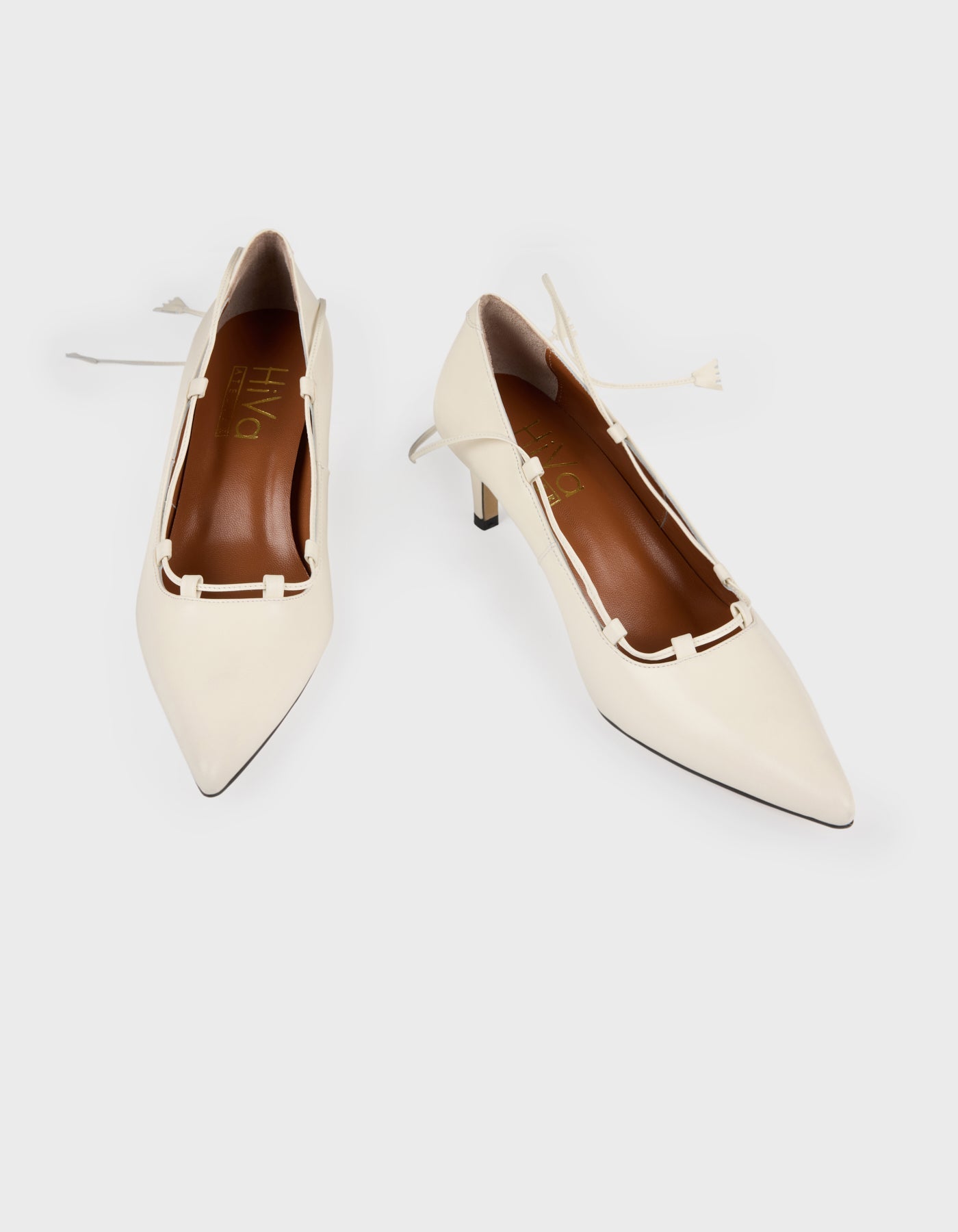 Hiva Atelier | Lace Up Pointed Toe Heels Bone | Beautiful and Versatile Leather Accessories