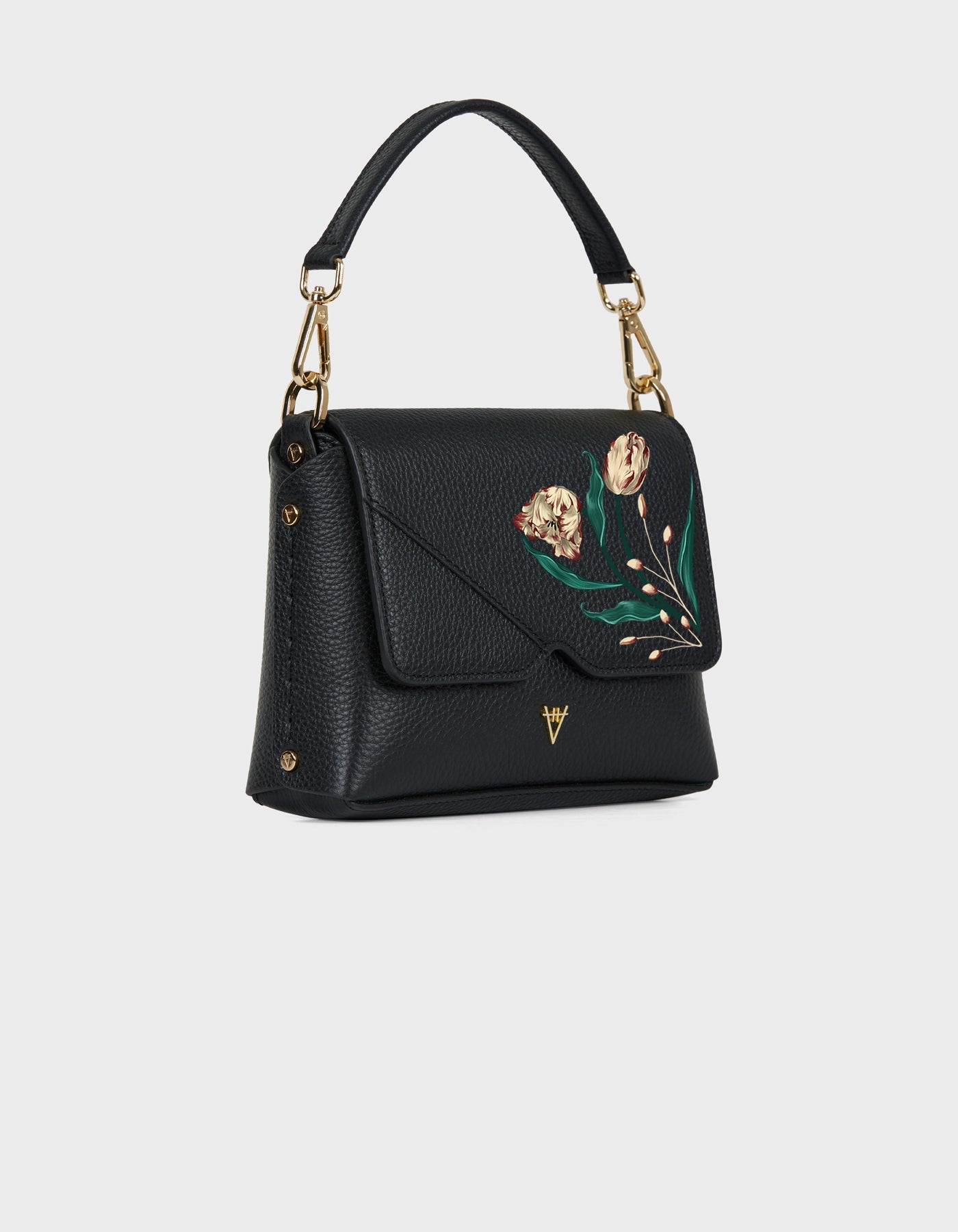 HiVa Atelier | Mare Shoulder Bag - Hand-Painted Black Parrot Tulips | Beautiful and Versatile Leather Accessories