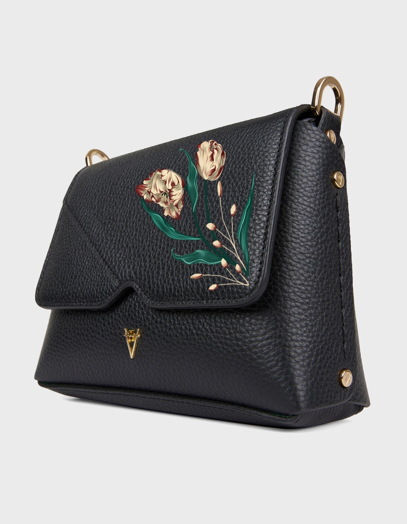 HiVa Atelier | Mare Shoulder Bag - Hand-Painted Black Parrot Tulips | Beautiful and Versatile Leather Accessories