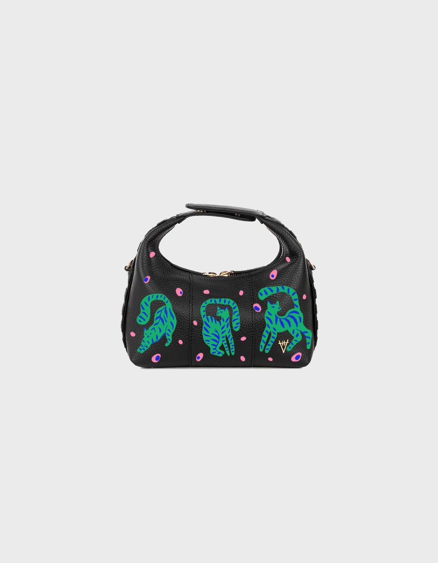 Hiva Atelier | Mini Croissant - Hand-Painted Black Cosmic Cats | Beautiful and Versatile Leather Accessories