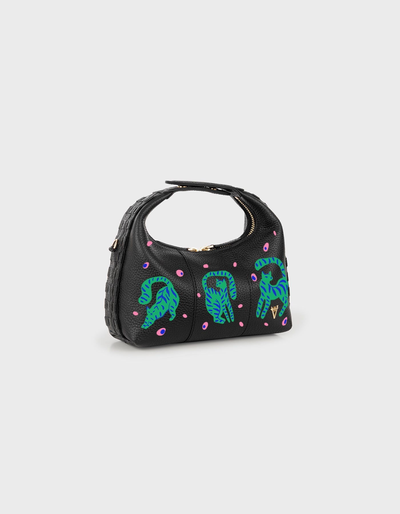 Hiva Atelier | Mini Croissant - Hand-Painted Black Cosmic Cats | Beautiful and Versatile Leather Accessories