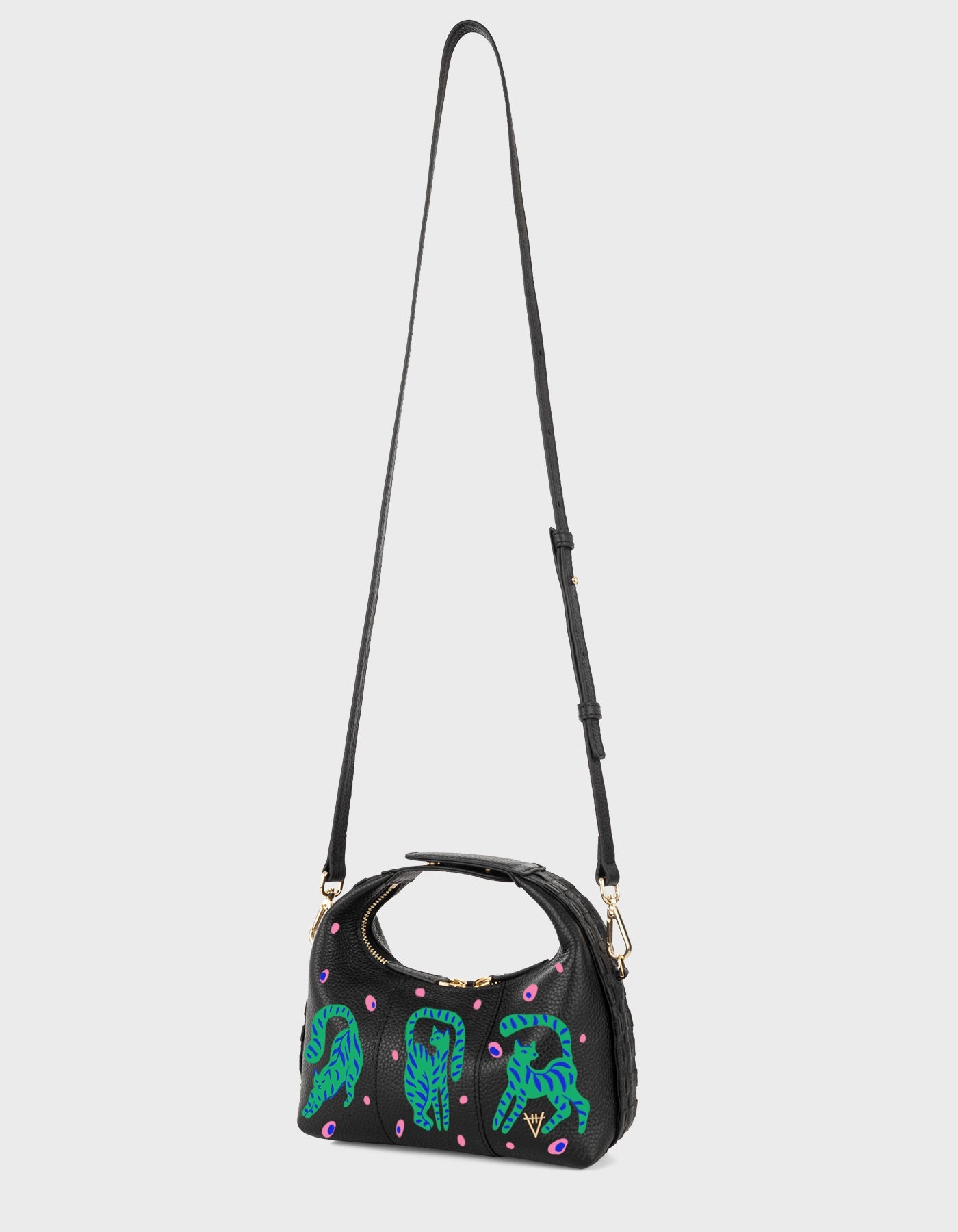 Hiva Atelier | Mini Croissant - Hand-Painted Black Cosmic Cats | Beautiful and Versatile Leather Accessories