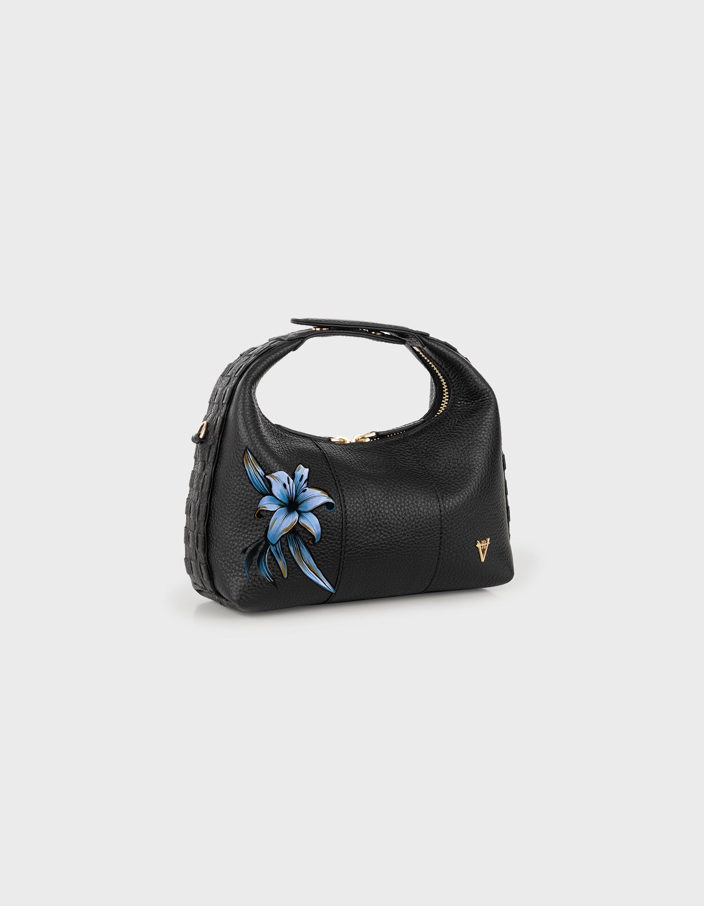 Hiva Atelier | Mini Croissant - Hand-Painted Black Lily | Beautiful and Versatile Leather Accessories