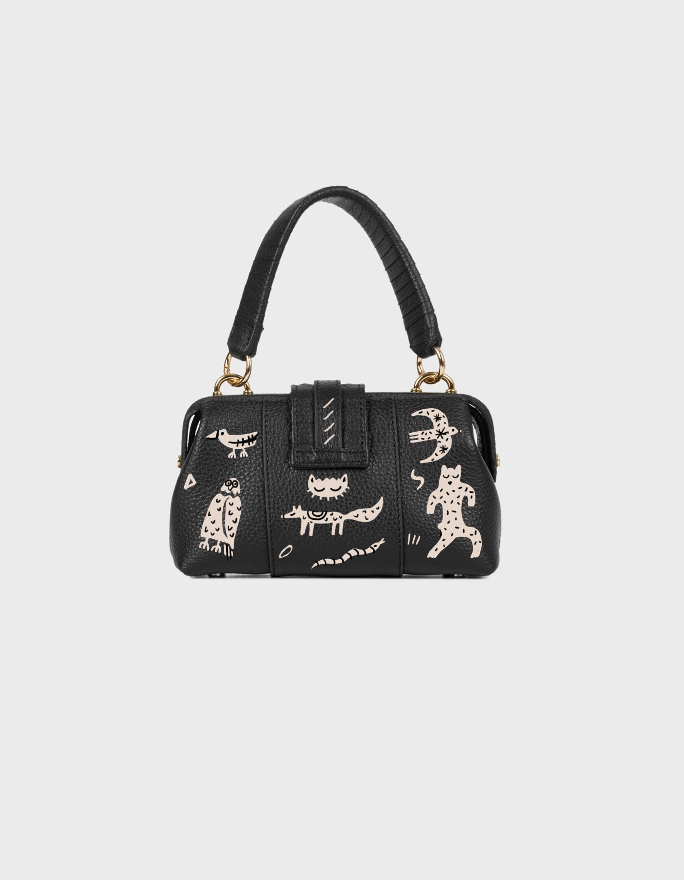 HiVa Atelier | Mini Nubes Doctor Bag - Hand-Painted Black Dream Creatures | Beautiful and Versatile Leather Accessories