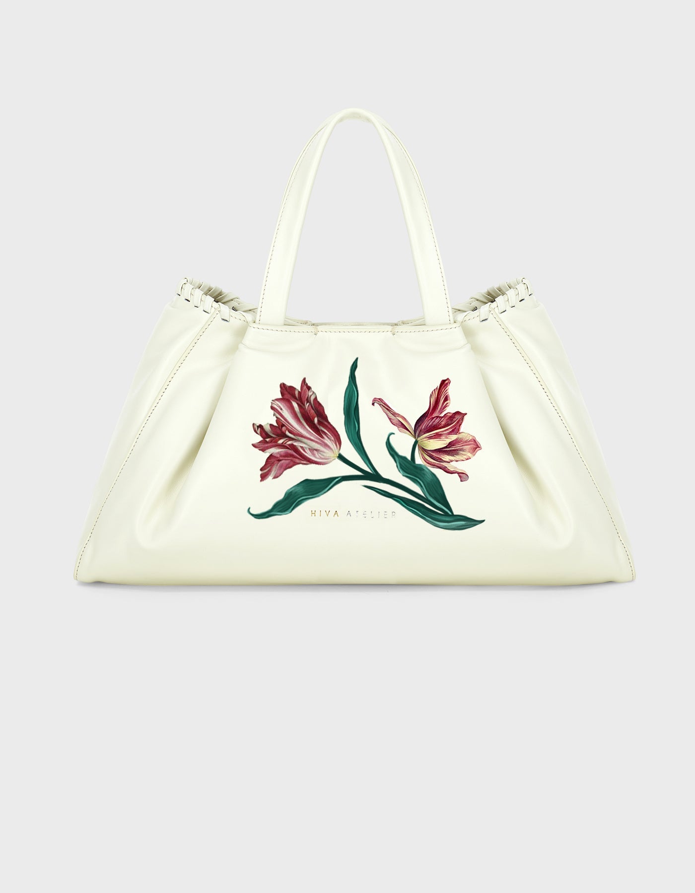 Hiva Atelier | Nubi Pedded Shoulder Bag - Hand-Painted Bone Parrot Tulips | Beautiful and Versatile Leather Accessories