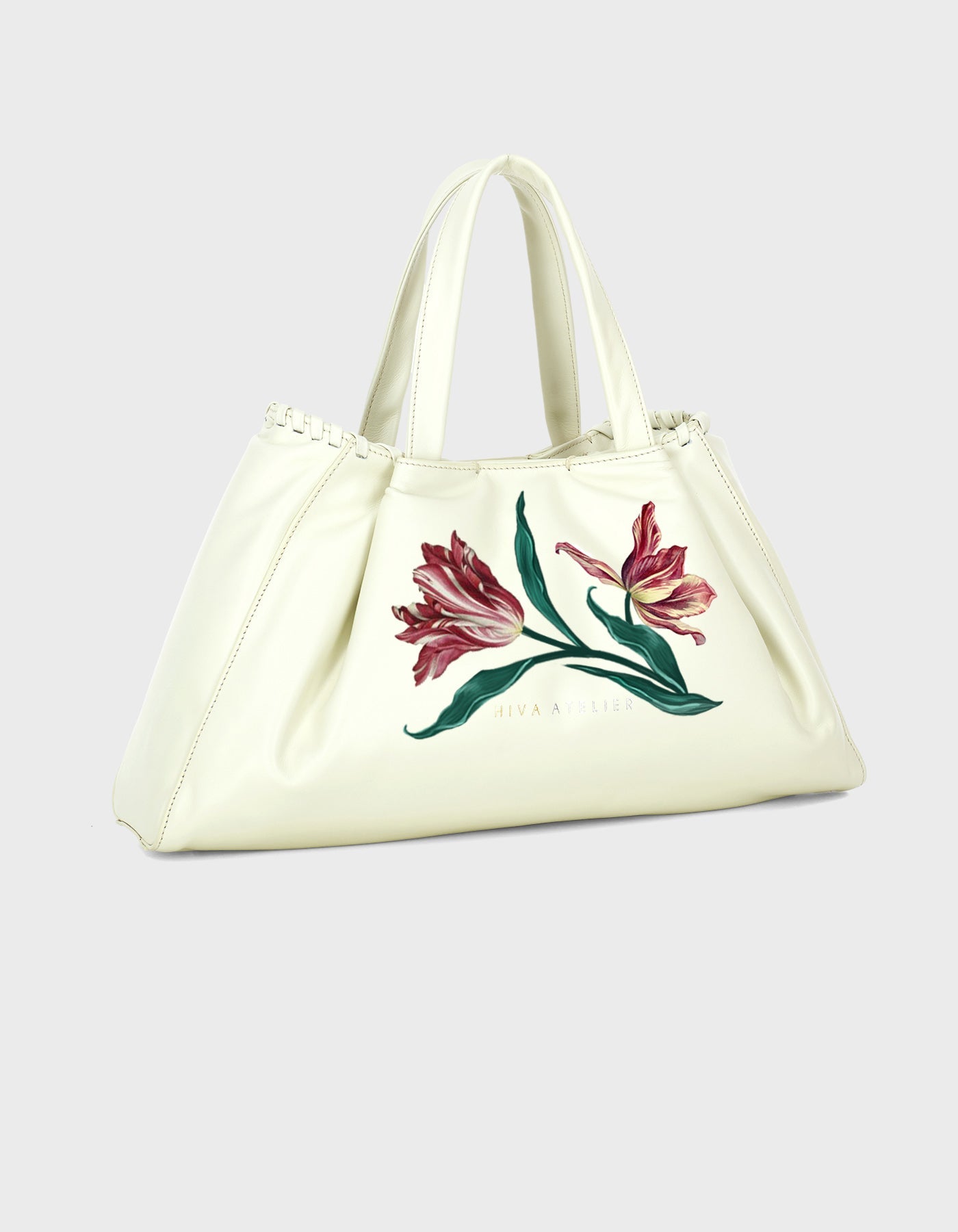 Hiva Atelier | Nubi Pedded Shoulder Bag - Hand-Painted Bone Parrot Tulips | Beautiful and Versatile Leather Accessories