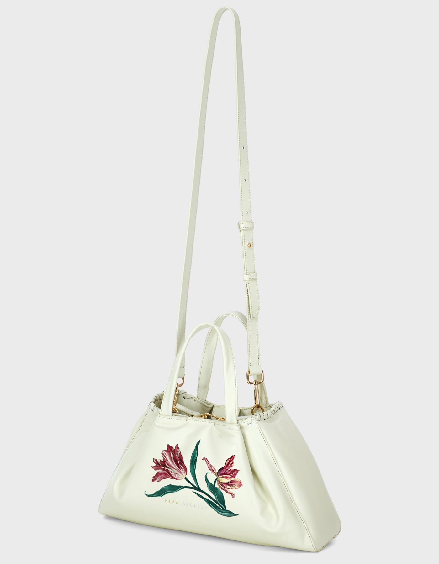 Hiva Atelier | Nubi Pedded Shoulder Bag - Hand-Painted Bone Parrot Tulips | Beautiful and Versatile Leather Accessories