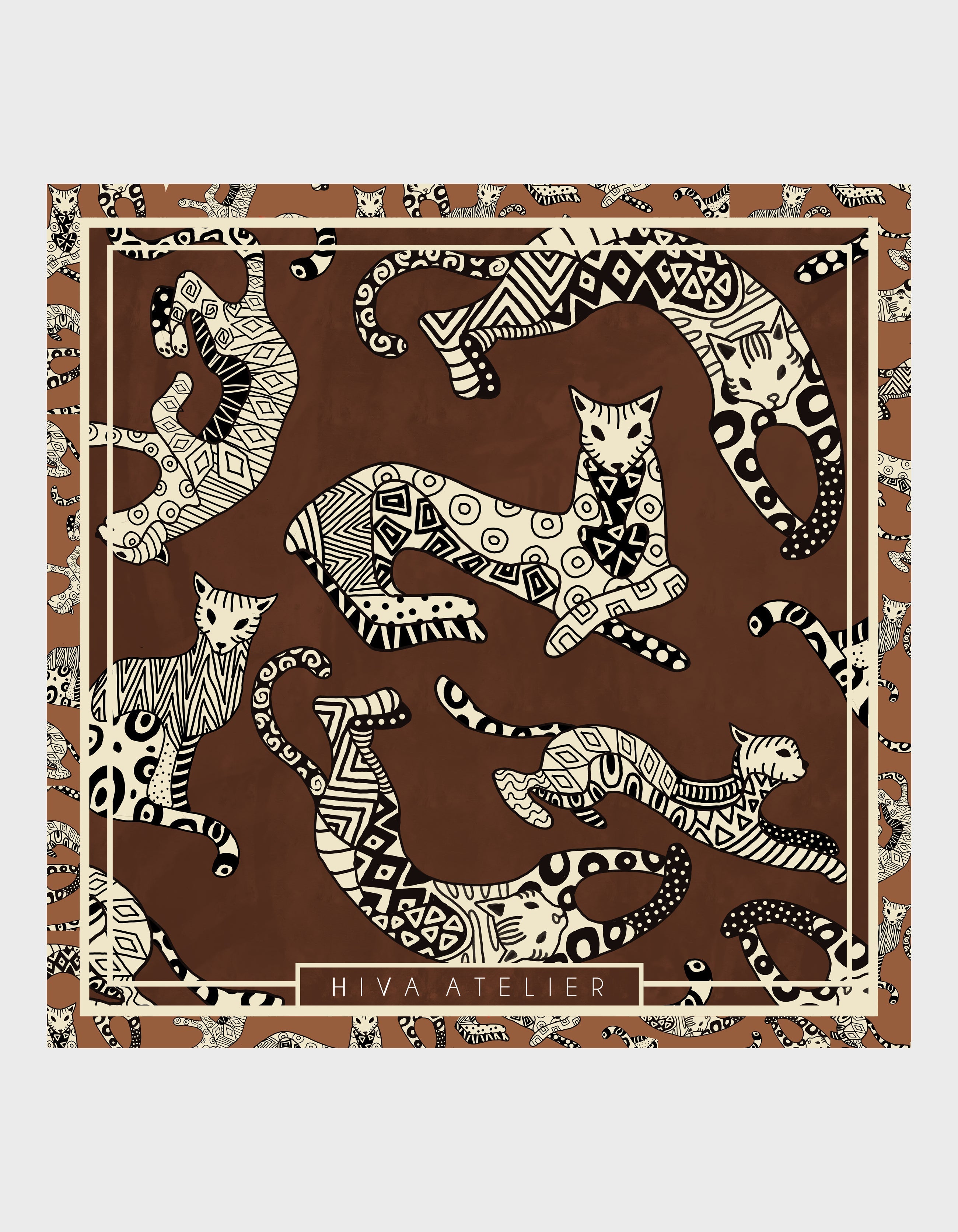 HiVa Atelier | Hiva Silk Scarf 50 X 50 CM Geometric Cat - Chocolate & Beige | Her Tarza Uygun Deri Aksesuarlar