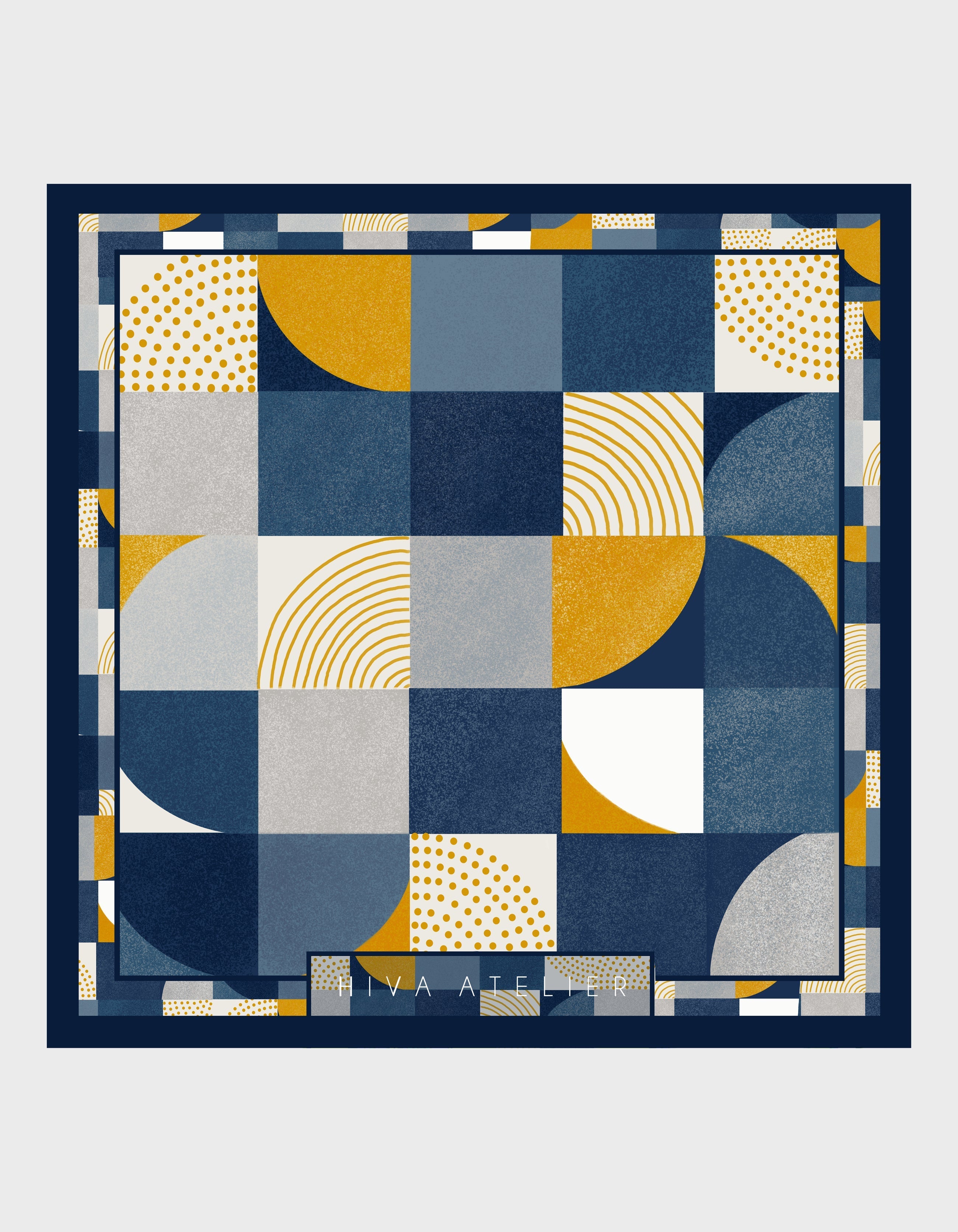HiVa Atelier | Hiva Silk Scarf 50 X 50 CM Geometric Trickery - Navy & Mustard | Her Tarza Uygun Deri Aksesuarlar