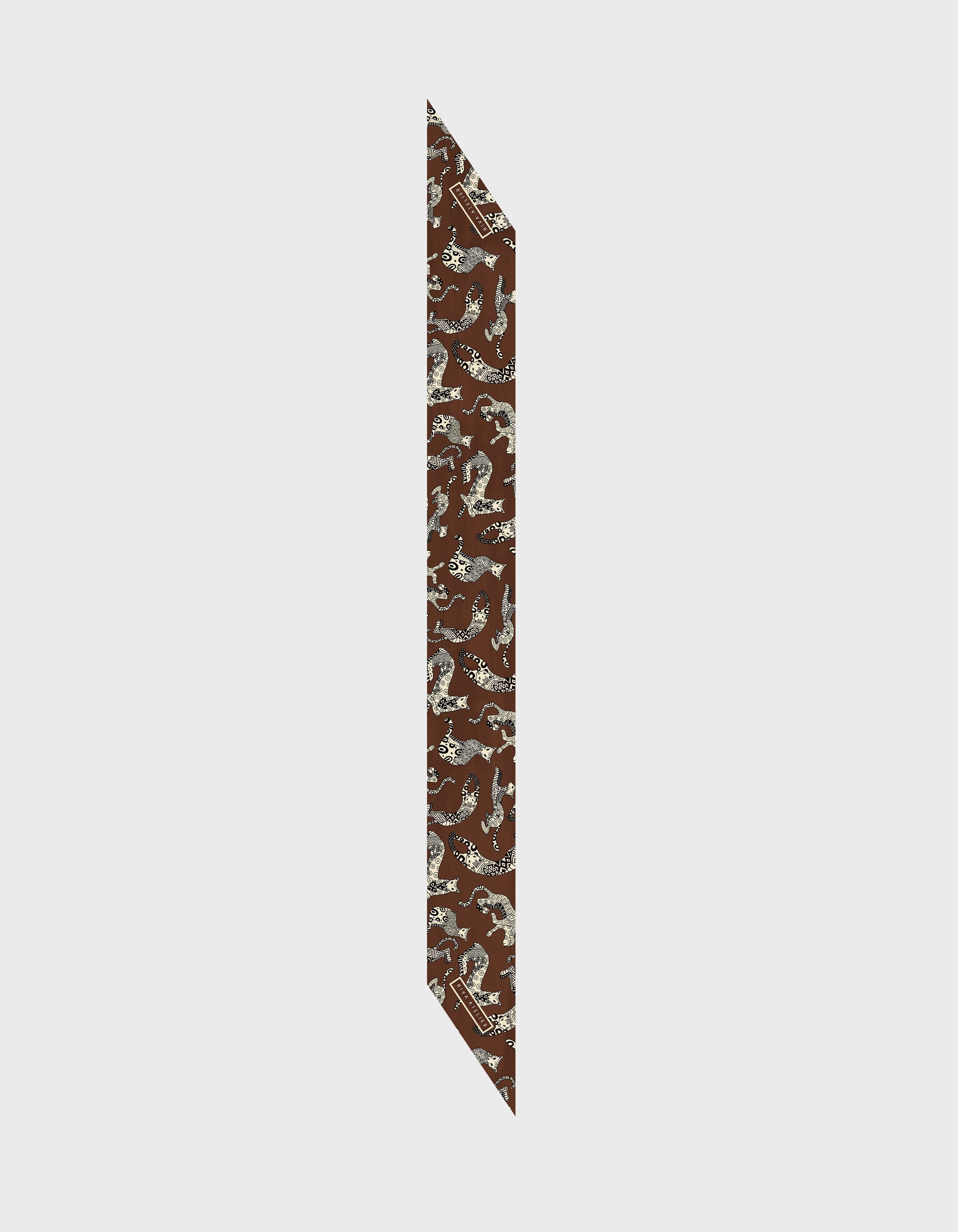 HiVa Atelier | HiVa Silk Scarf 5 X 90 CM Geometric Cat - Chocolate & Beige | Her Tarza Uygun Deri Aksesuarlar