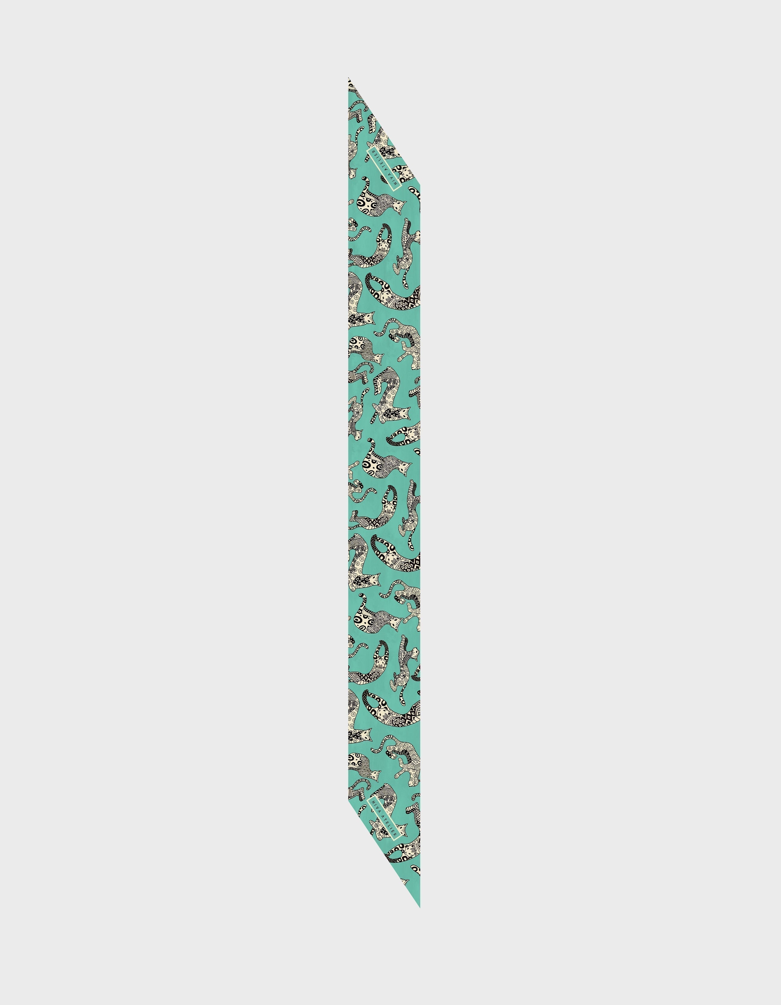 HiVa Atelier | HiVa Silk Scarf 5 X 90 CM Geometric Cat - Mint & Black & Beige | Her Tarza Uygun Deri Aksesuarlar