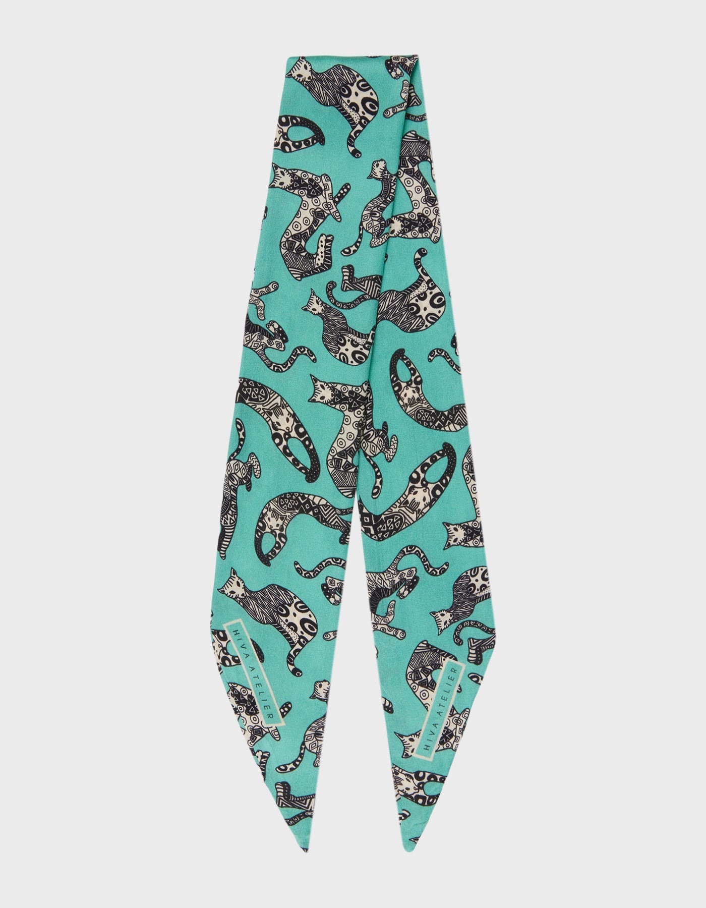 HiVa Atelier | HiVa Silk Scarf 5 X 90 CM Geometric Cat - Mint & Black & Beige | Her Tarza Uygun Deri Aksesuarlar