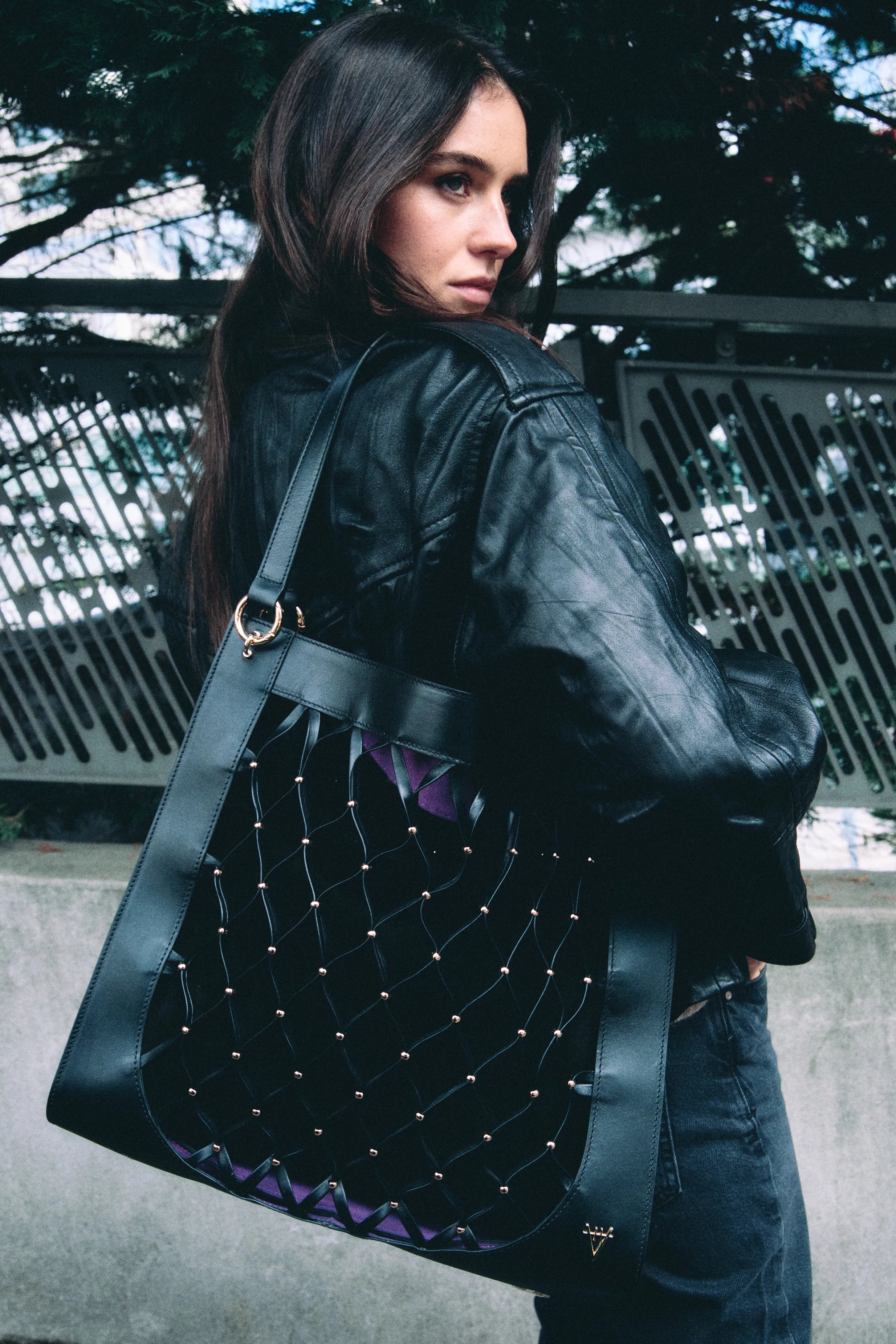 Leather Mesh Tote Bag with Golden Beaded Detail