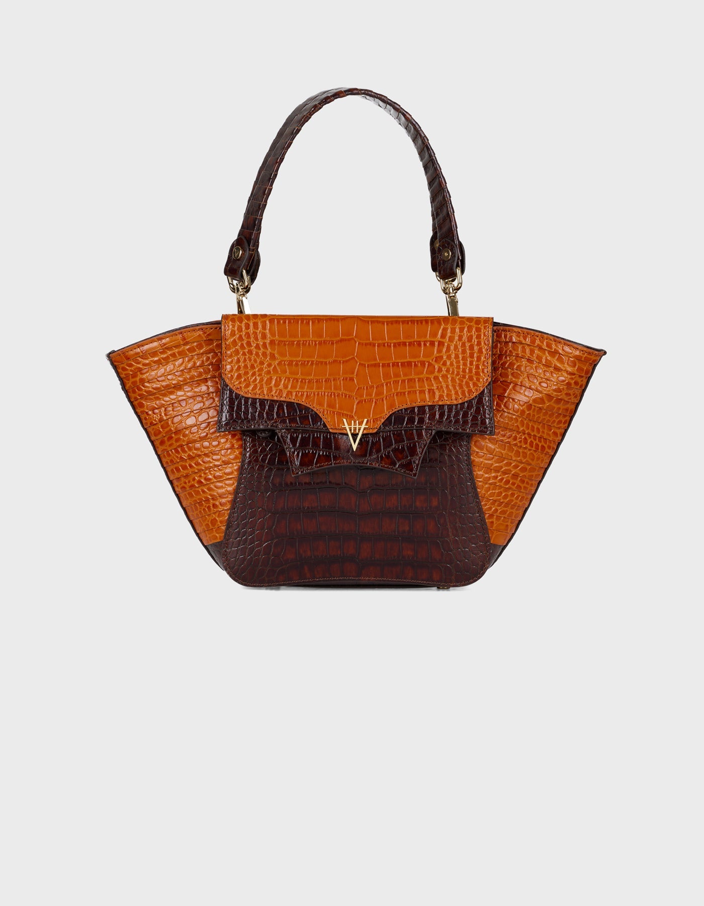 Hiva Atelier | Orbis Midi Tote Bag Croco Effect Burnt Orange & Chocolate | Beautiful and Versatile Leather Accessories