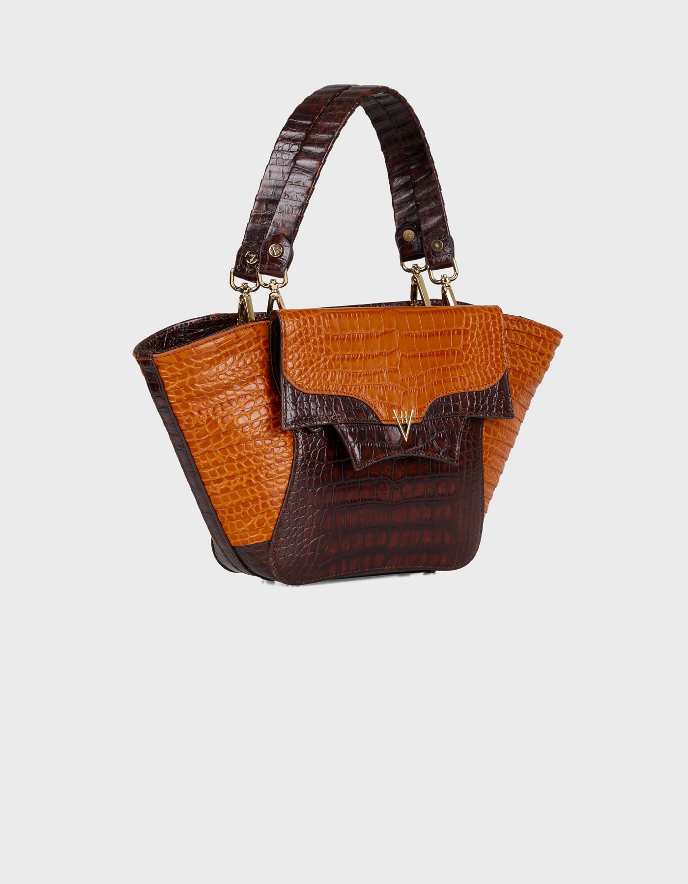 Hiva Atelier | Orbis Midi Tote Bag Croco Effect Burnt Orange & Chocolate | Beautiful and Versatile Leather Accessories