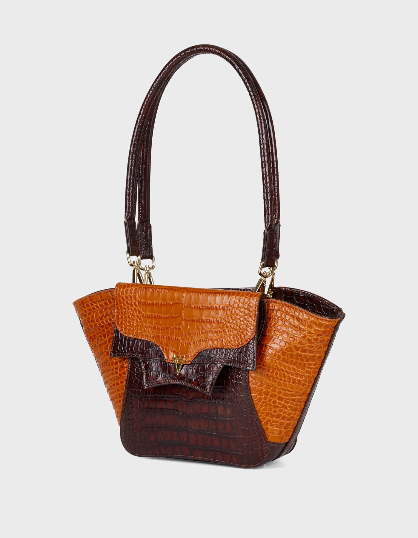 Hiva Atelier | Orbis Midi Tote Bag Croco Effect Burnt Orange & Chocolate | Beautiful and Versatile Leather Accessories