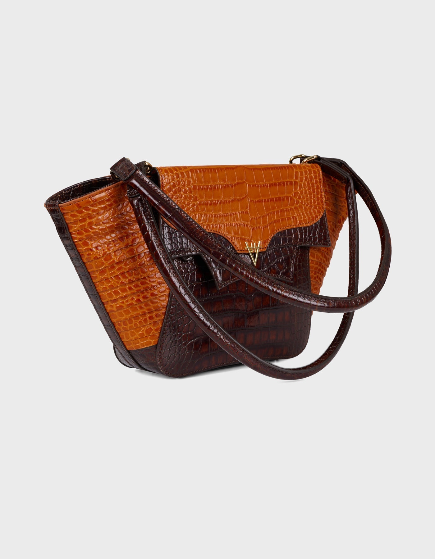 Hiva Atelier | Orbis Midi Tote Bag Croco Effect Burnt Orange & Chocolate | Beautiful and Versatile Leather Accessories