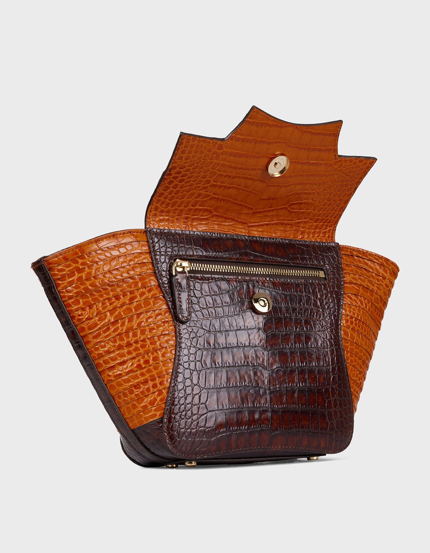 Hiva Atelier | Orbis Midi Tote Bag Croco Effect Burnt Orange & Chocolate | Beautiful and Versatile Leather Accessories