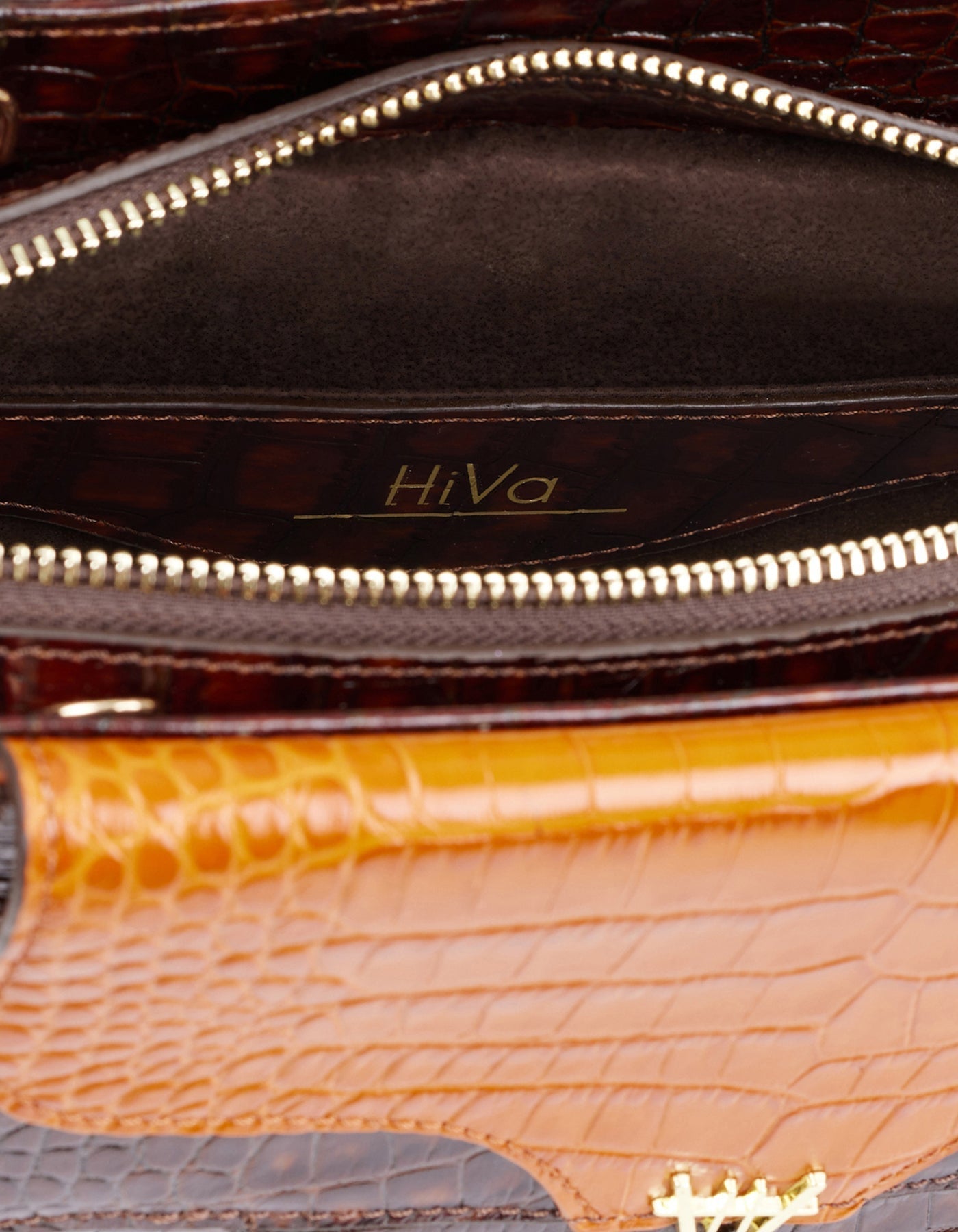 Hiva Atelier | Orbis Midi Tote Bag Croco Effect Burnt Orange & Chocolate | Beautiful and Versatile Leather Accessories