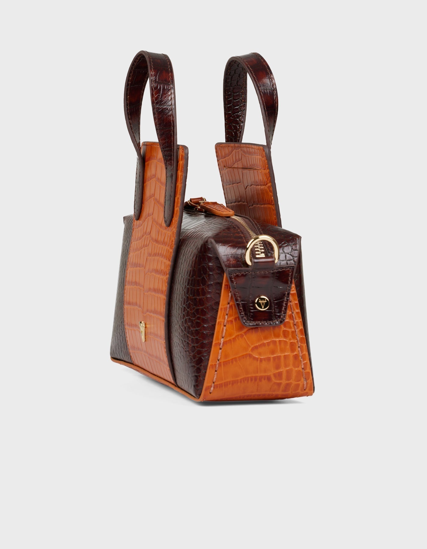 Hiva Atelier | Onsra Cylinder Shoulder Bag Croco Effect Chocolate & Burnt Orange | Beautiful and Versatile Leather Accessories